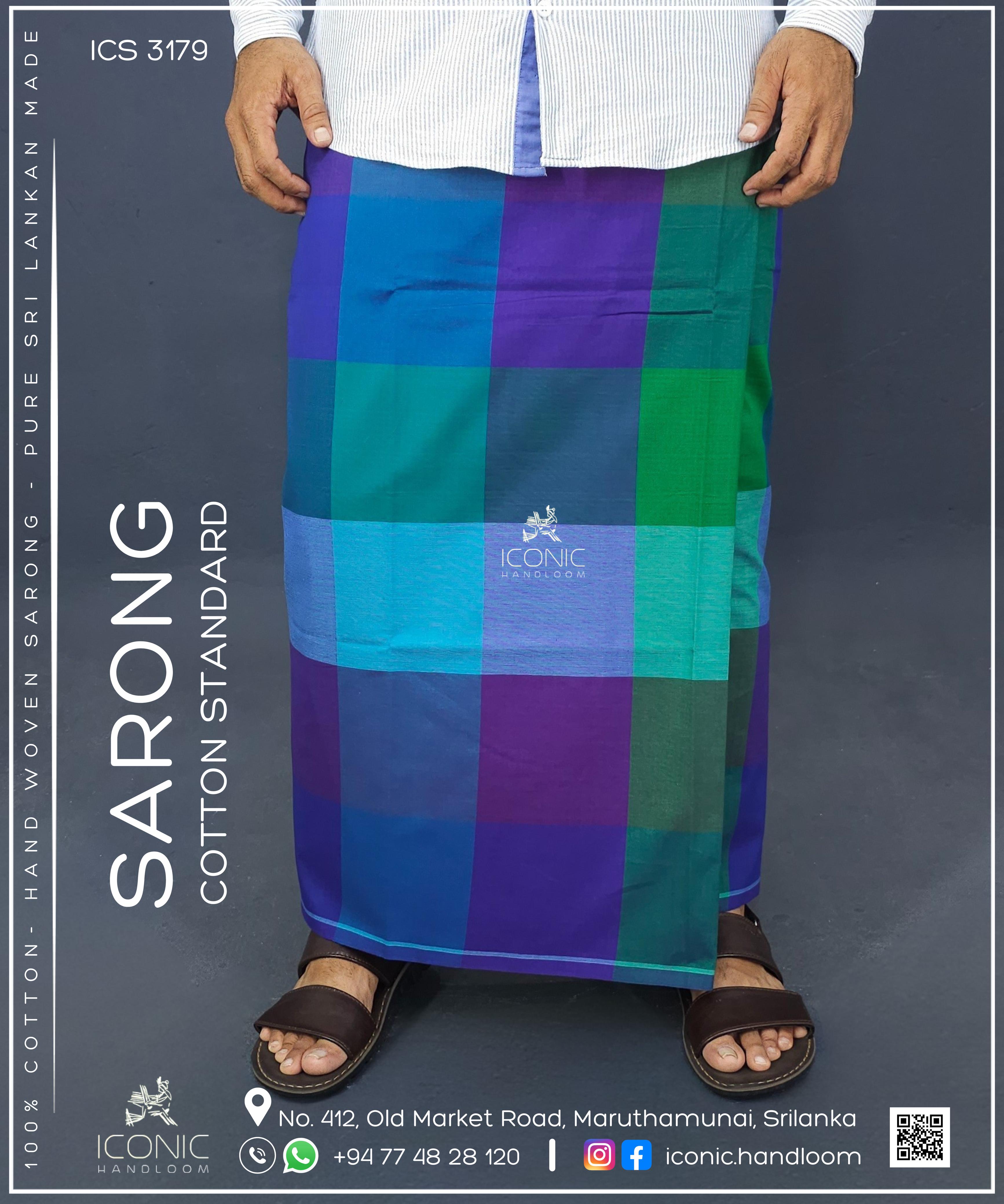 Sarong Cotton Standard -  Deep purple, emerald green, turquoise blue, sky blue & dark navy blue in check patterns