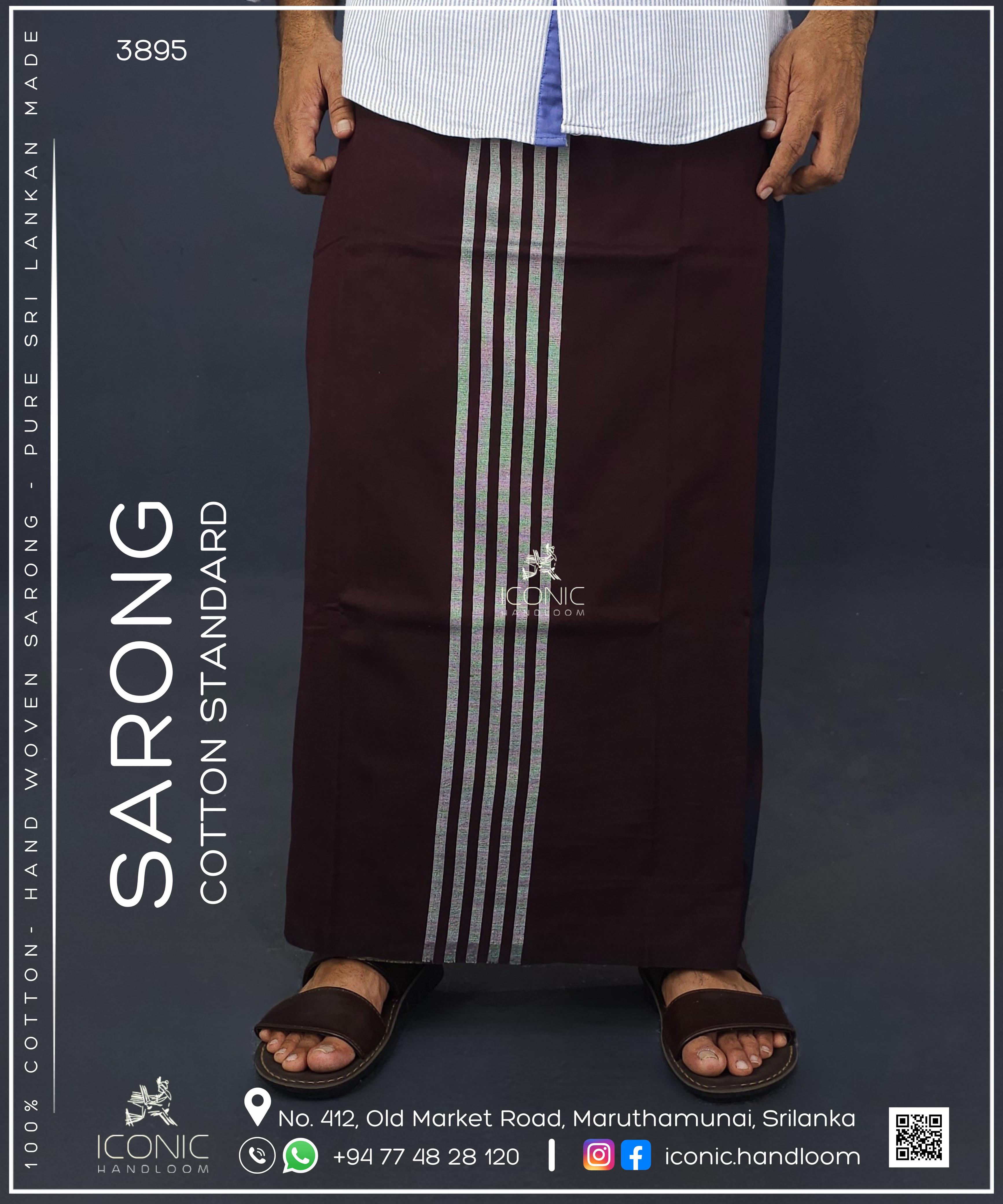 Sarong Cotton Standard - Silver stripes in Dark Maroon with Beige & Dark Blue