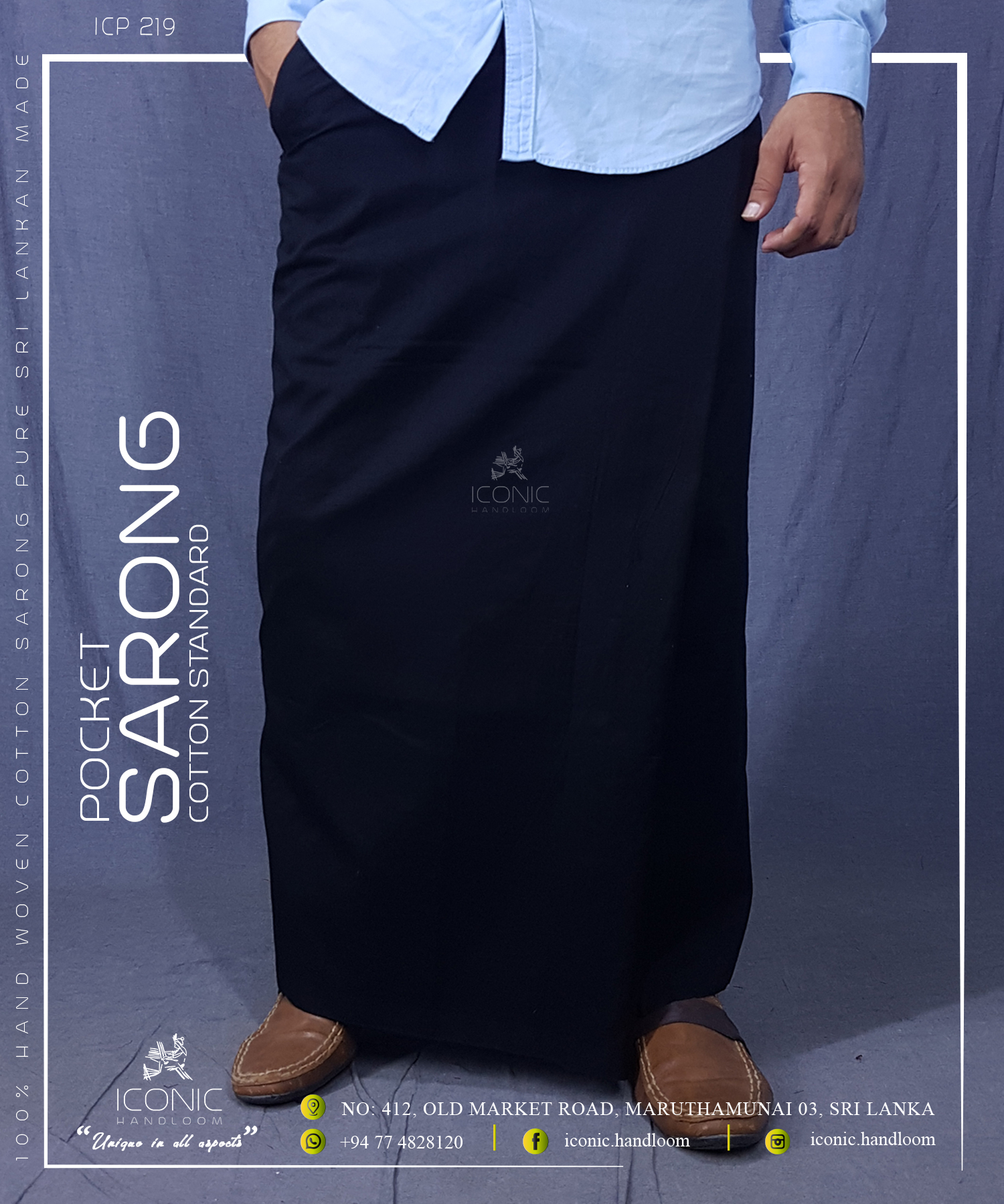 Handloom Cotton Sarong with Pocket - Black Plain