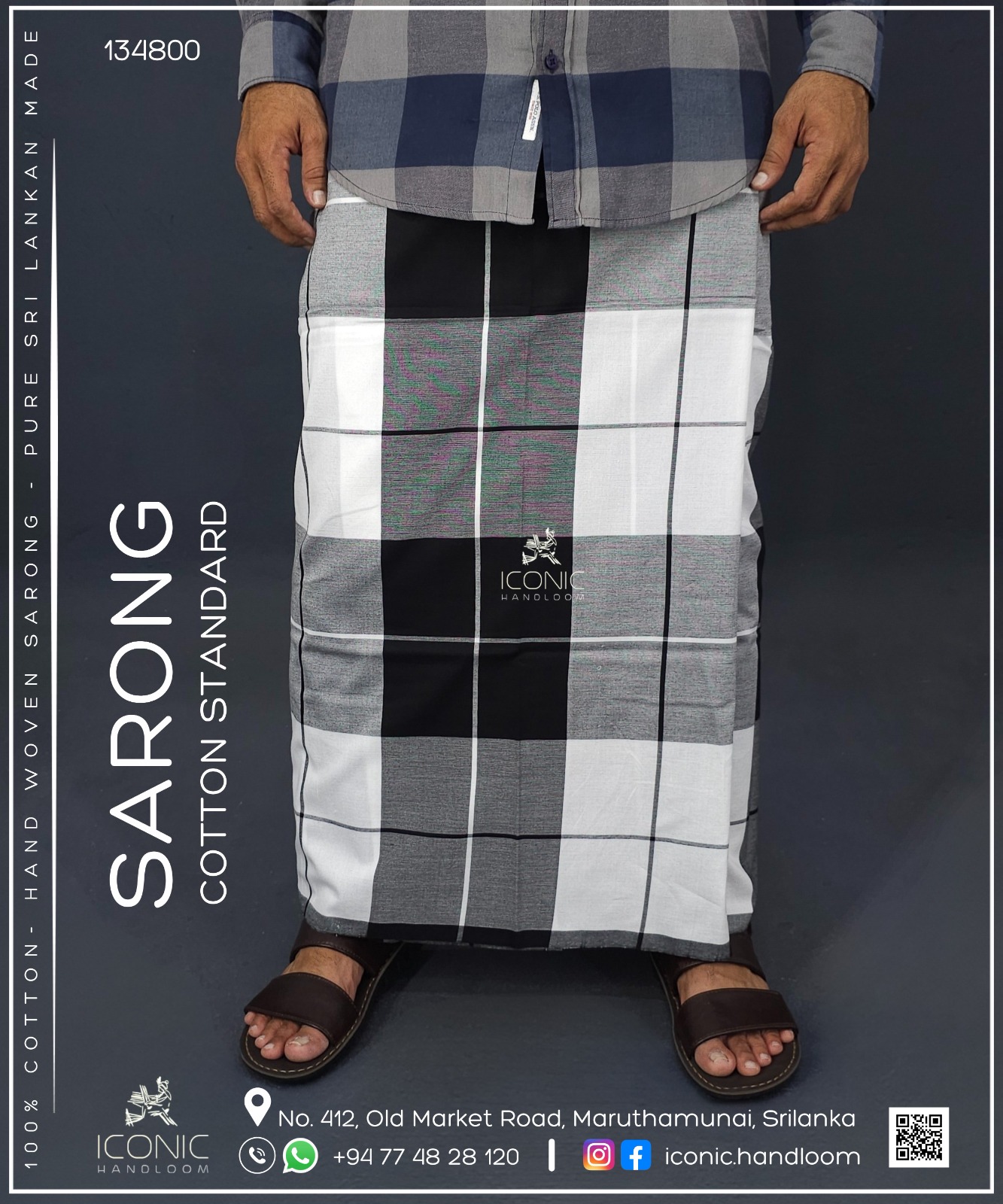 Handloom Cotton Sarong - Black, White & Grey Checks