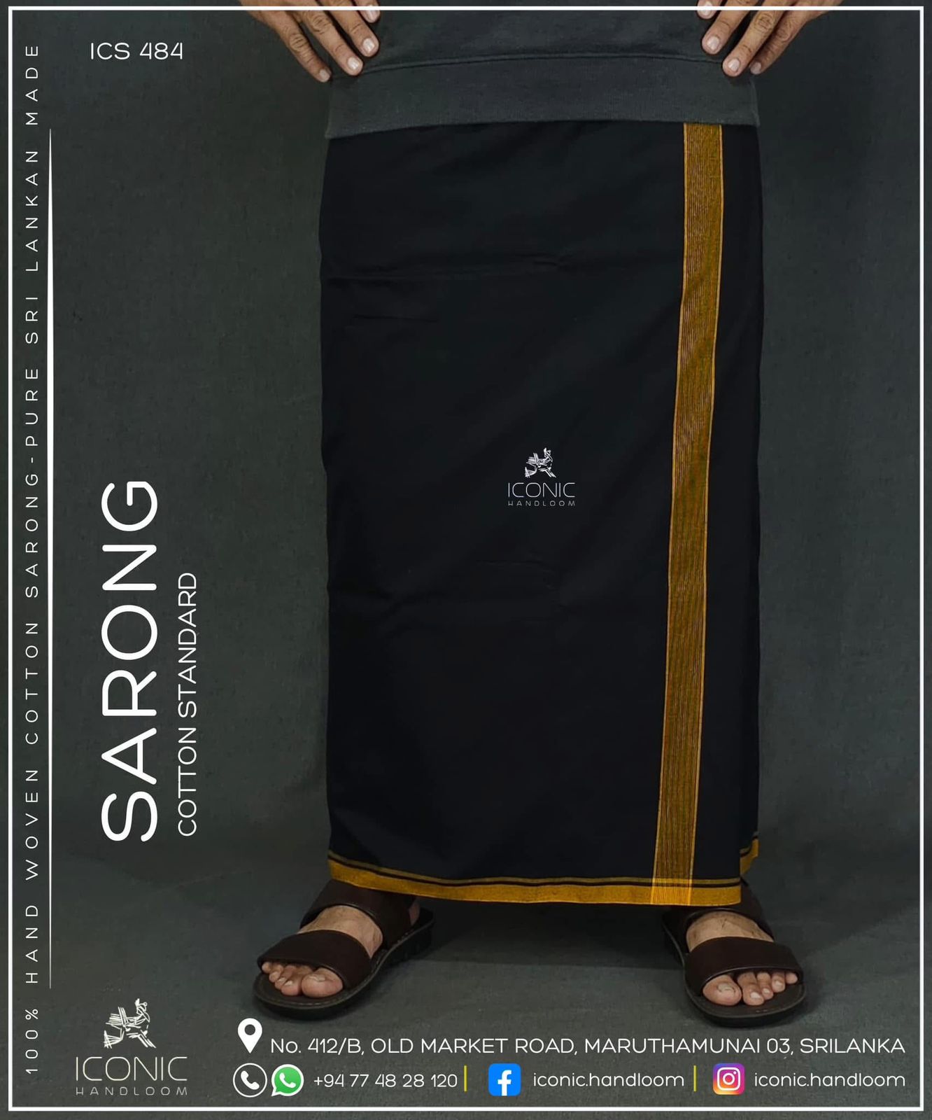Handloom Cotton Sarong - Black with Golden Yellow 484