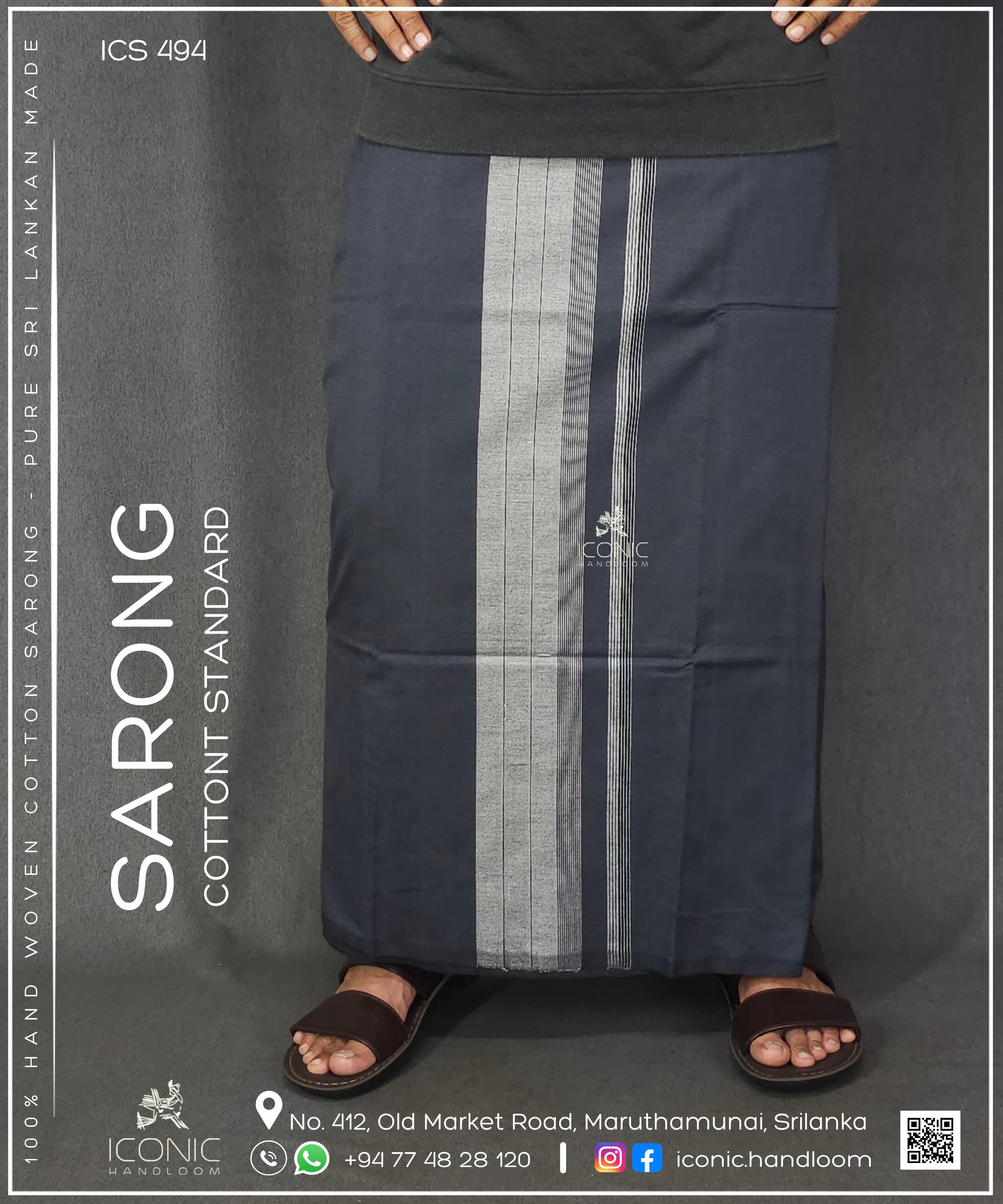 Handloom Cotton Sarong - Grey & Silver with Golden Yellow