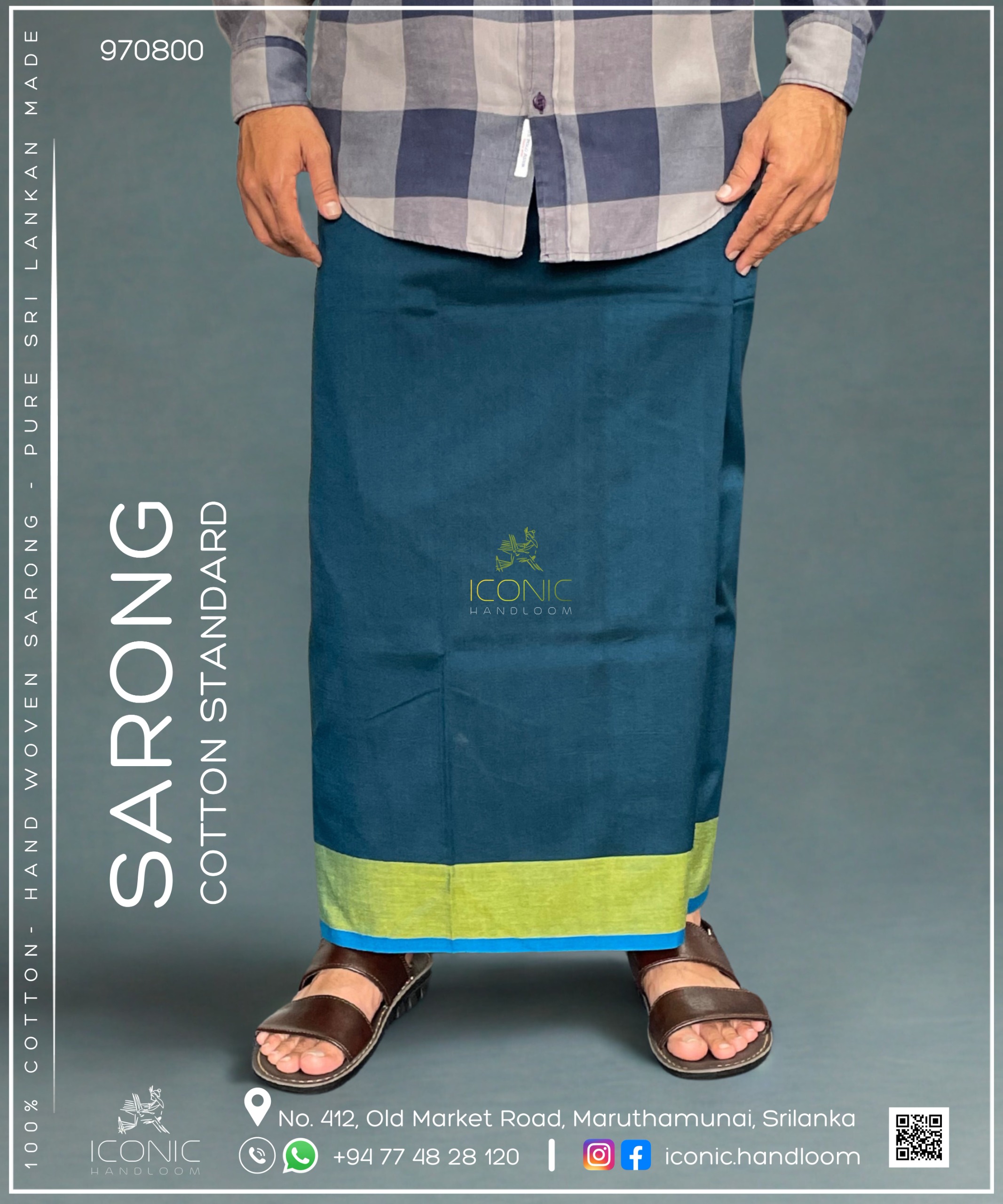 Handloom Cotton Sarong - Dark Teal Blue with Lime Yellow & Teal Blue 970800