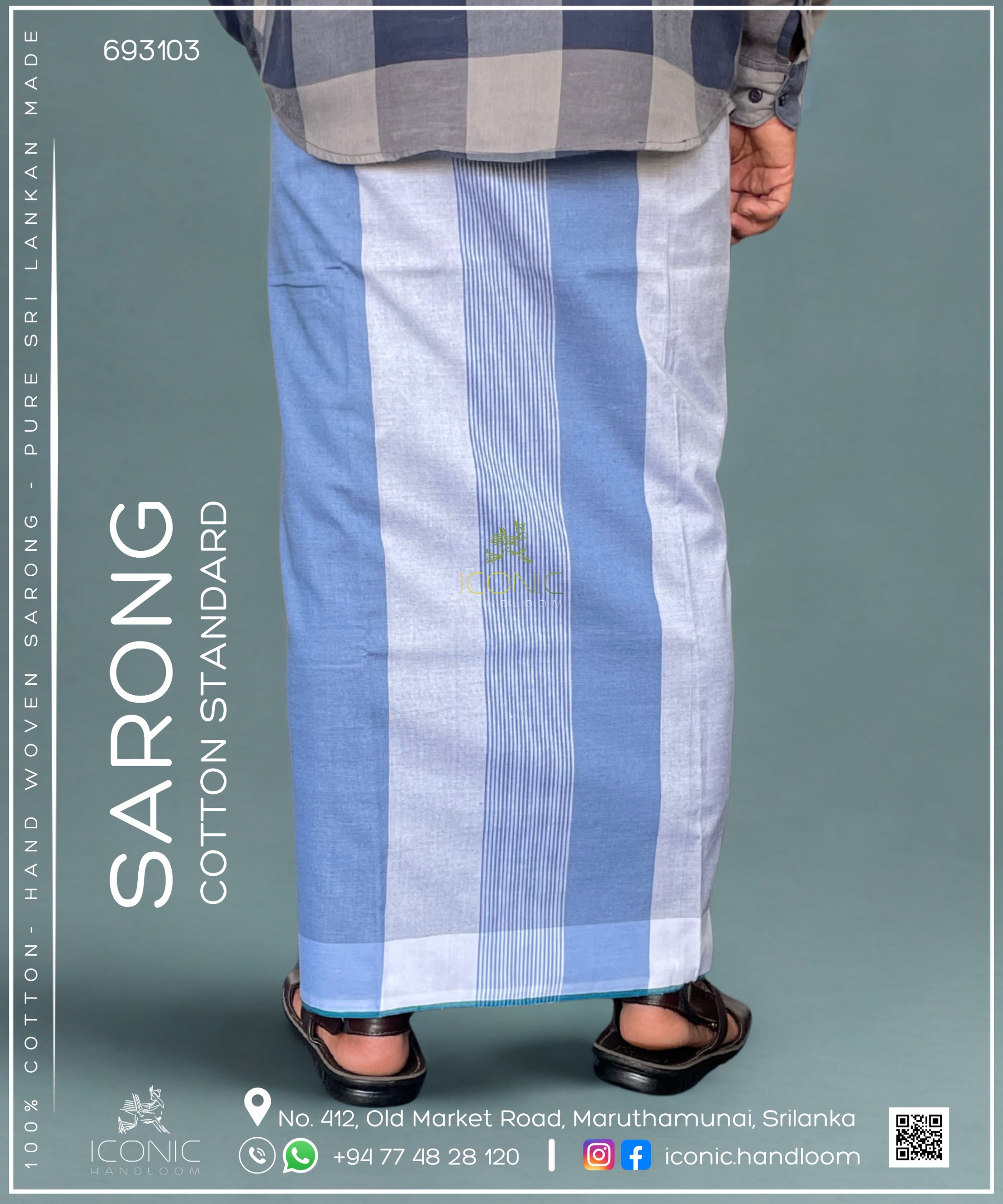 Handloom Cotton Sarong - Sky Blue, Light Grey & White with Teal Bottom Border 693103