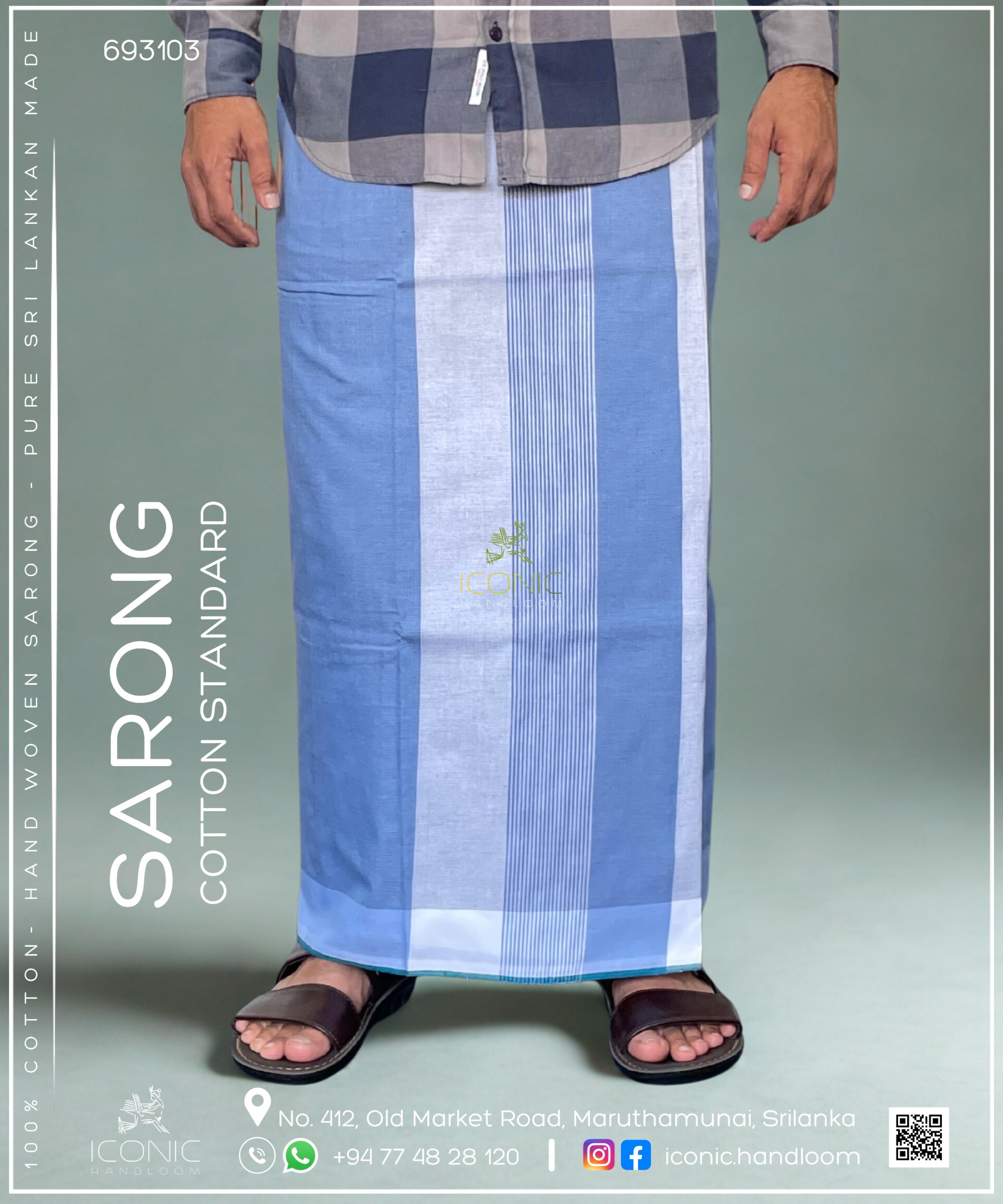 Handloom Cotton Sarong - Sky Blue, Light Grey & White with Teal Bottom Border 693103