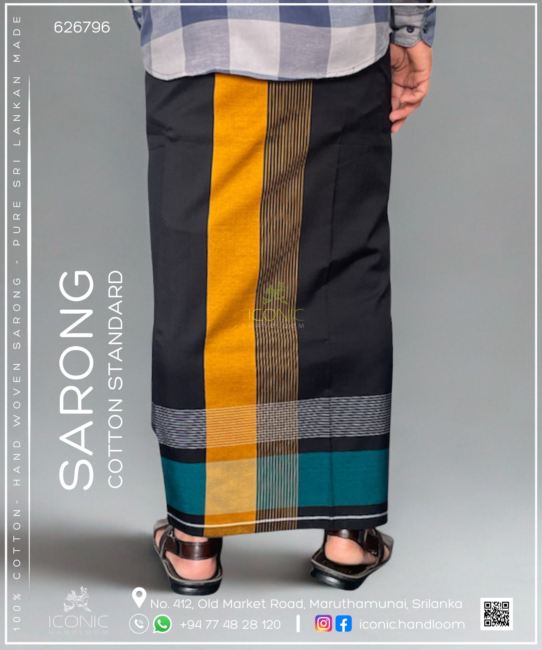 Handloom Cotton Sarong - Black, Golden Yellow,  Silver & Teal Blue 626796