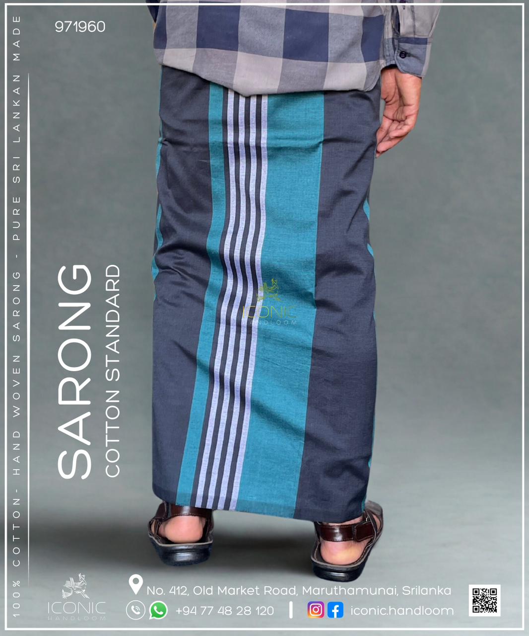 Handloom Cotton Sarong -  Silver & Grey stripes with Cyan in Grey