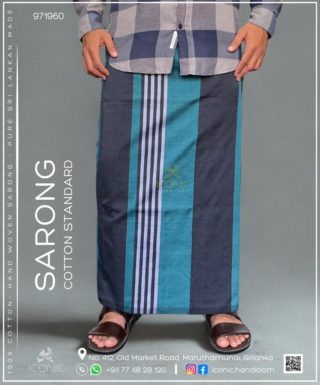 Handloom Cotton Sarong -  Silver & Grey stripes with Cyan in Grey