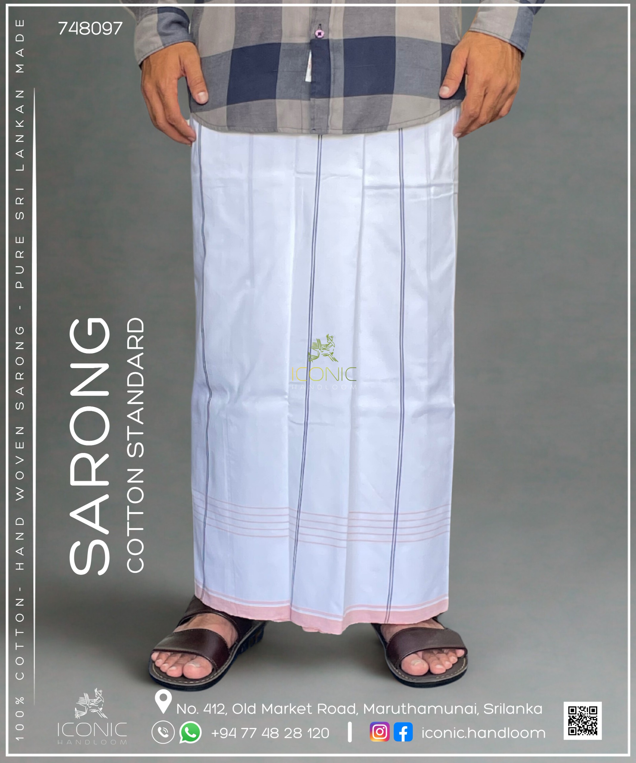 Handloom Cotton Sarong-  White with Charcoal Grey & Light Peach 748097