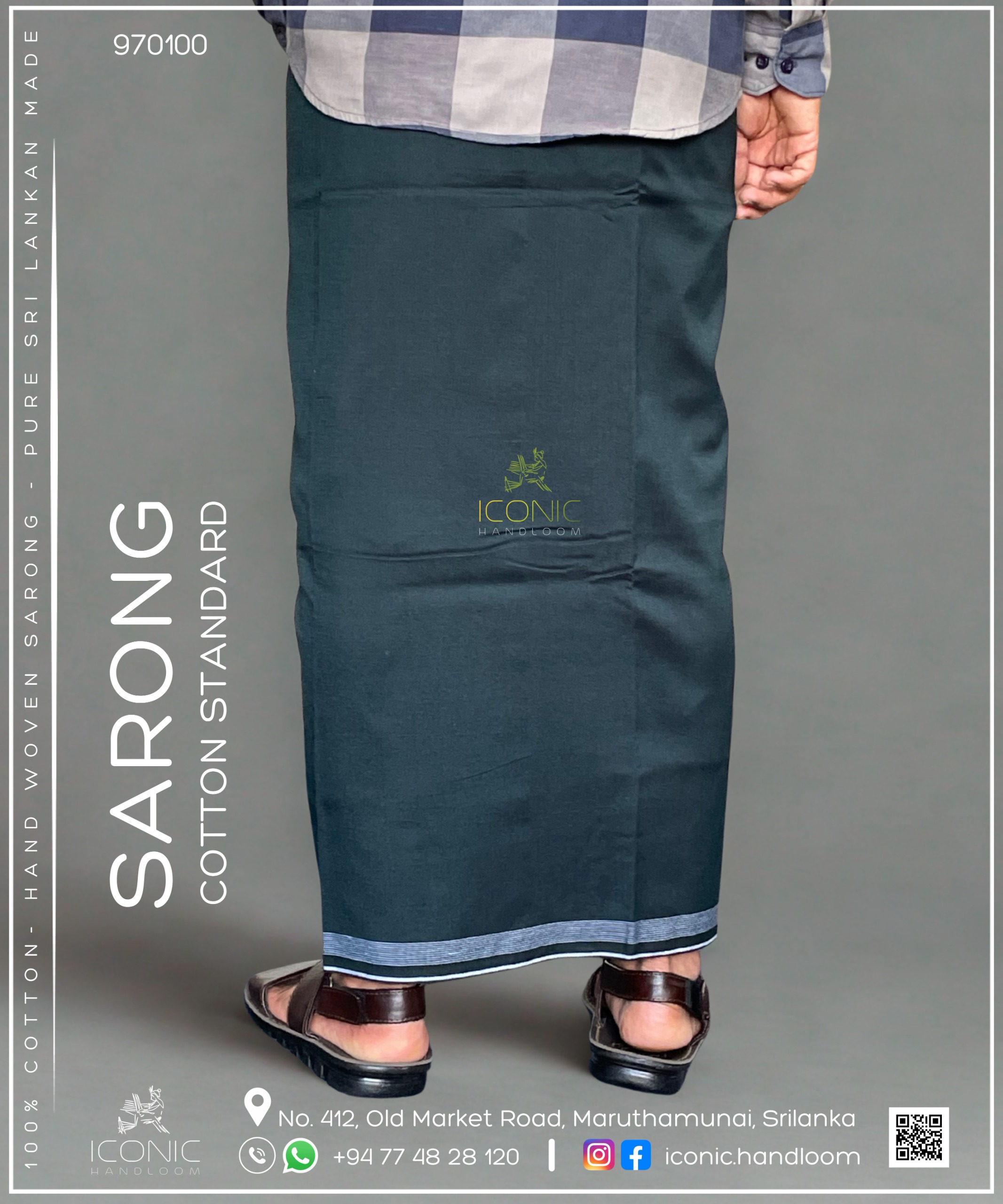 Handloom Cotton Sarong - Dark Green with Silver