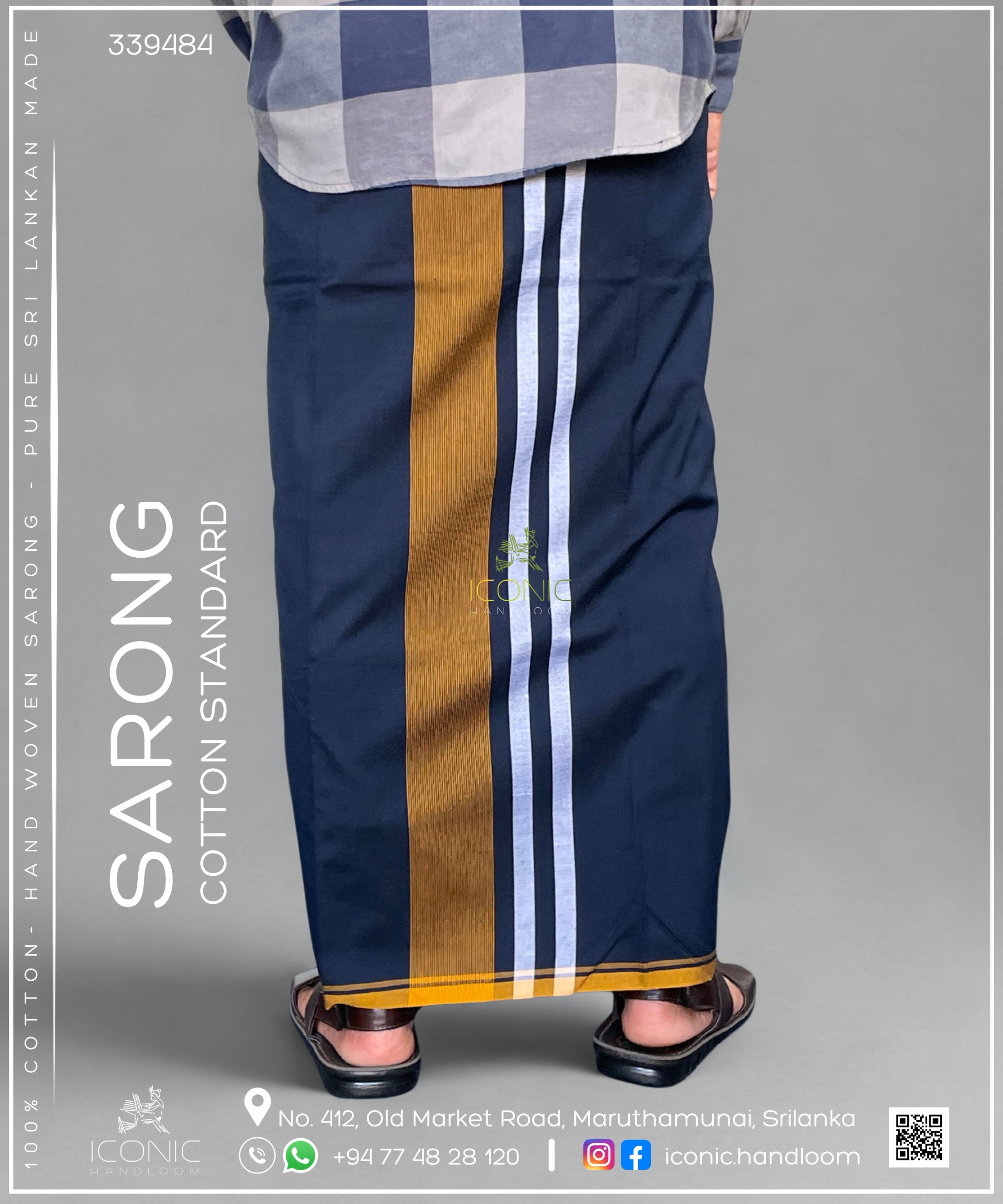 Handloom Cotton Sarong - Dark Blue with Golden yellow & SIlver 339484