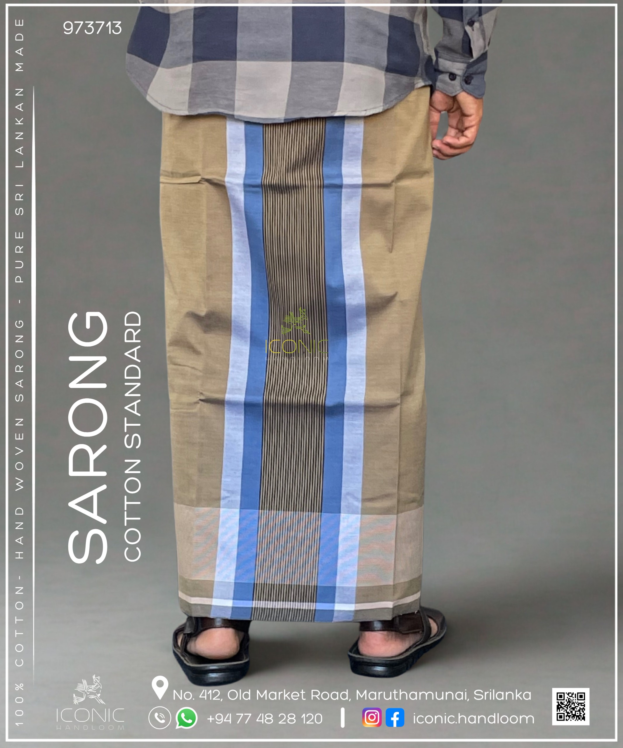 Handloom Cotton Sarong - Sand Brown with Silver, Sky Blue and Charcoal Grey 973713