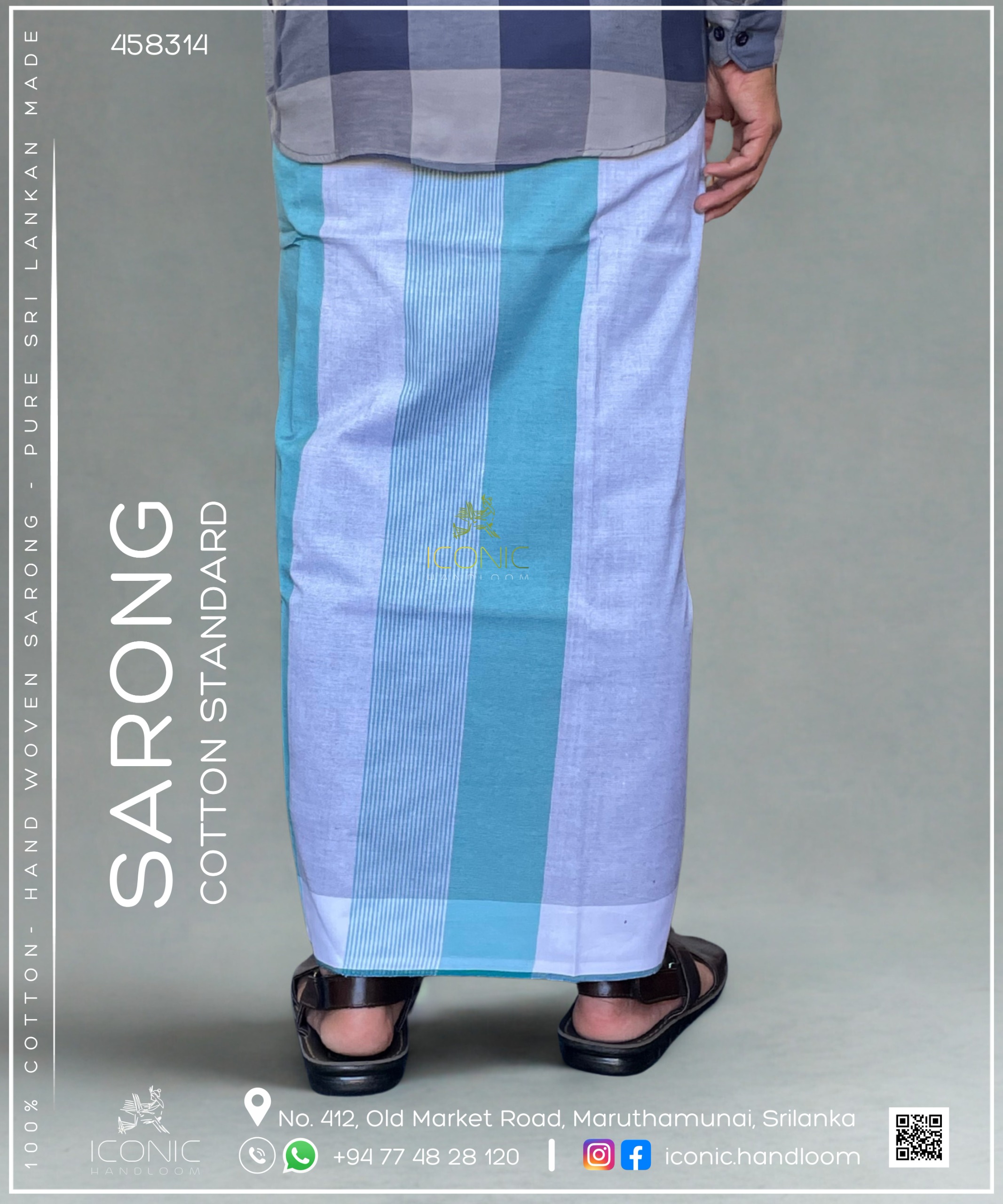 Handloom Cotton Sarong - Cyan, Light Grey & White with Teal Bottom Border 458314
