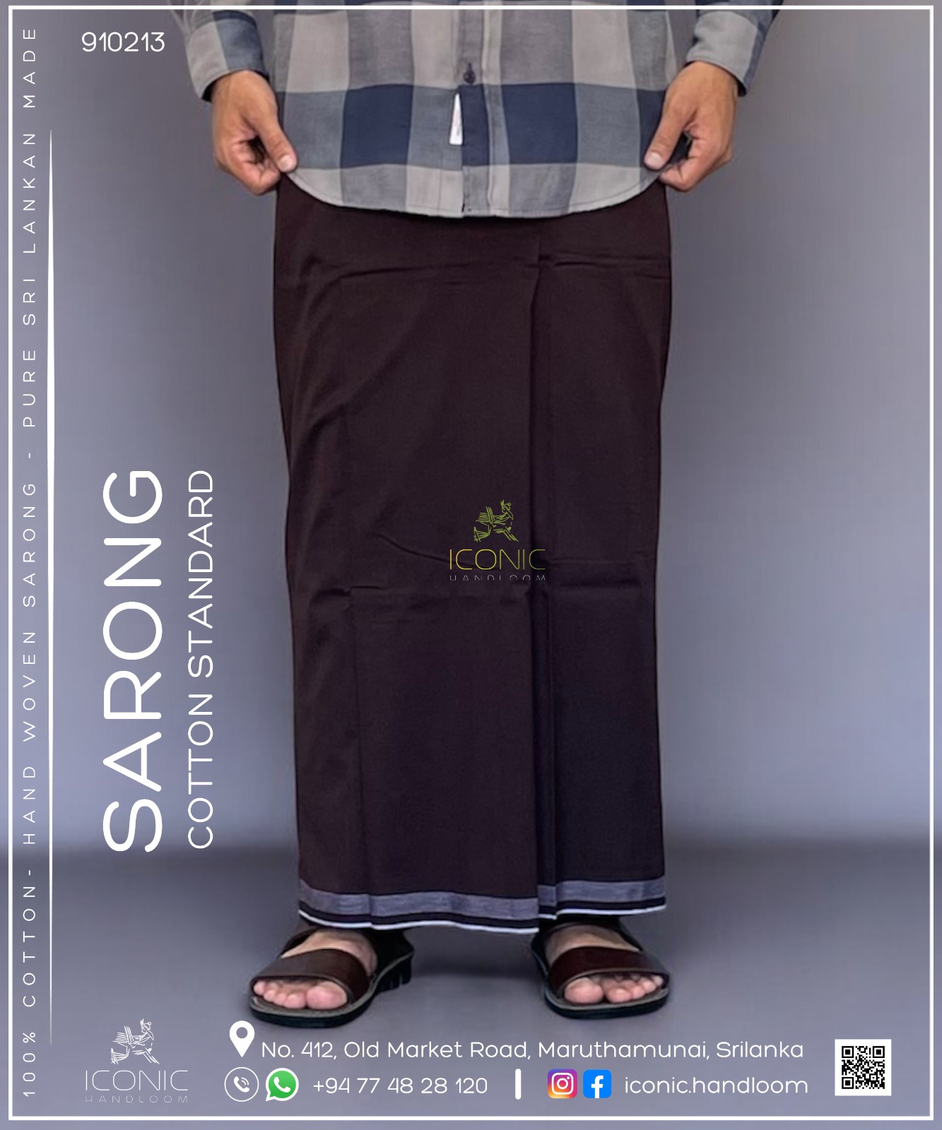 Handloom Cotton Sarong - Dark Coffee Brown with Silver bottom border 910213