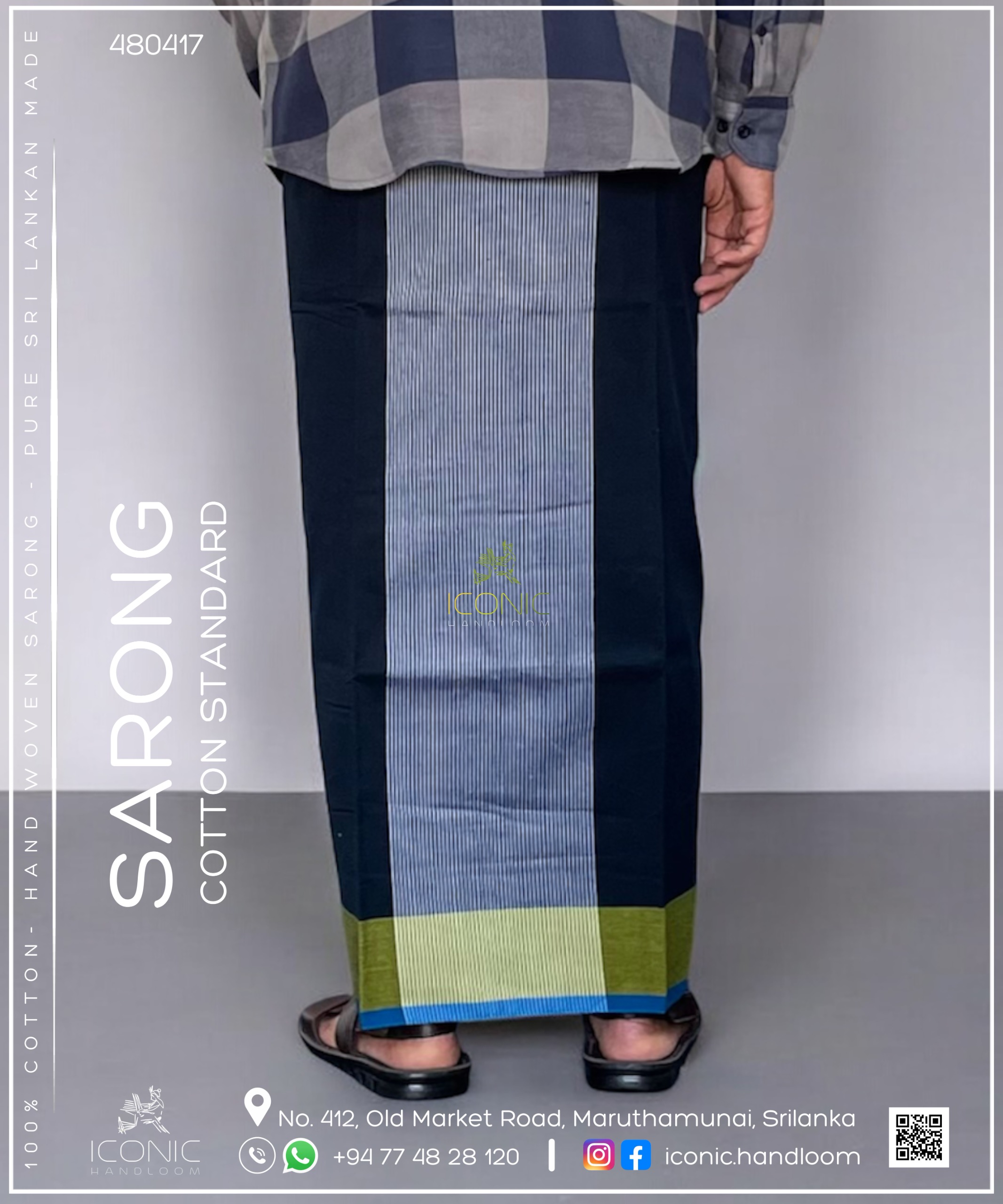 Handloom Cotton Sarong - Dark Blue & Silver with Lime Yellow & Teal Blue 480417
