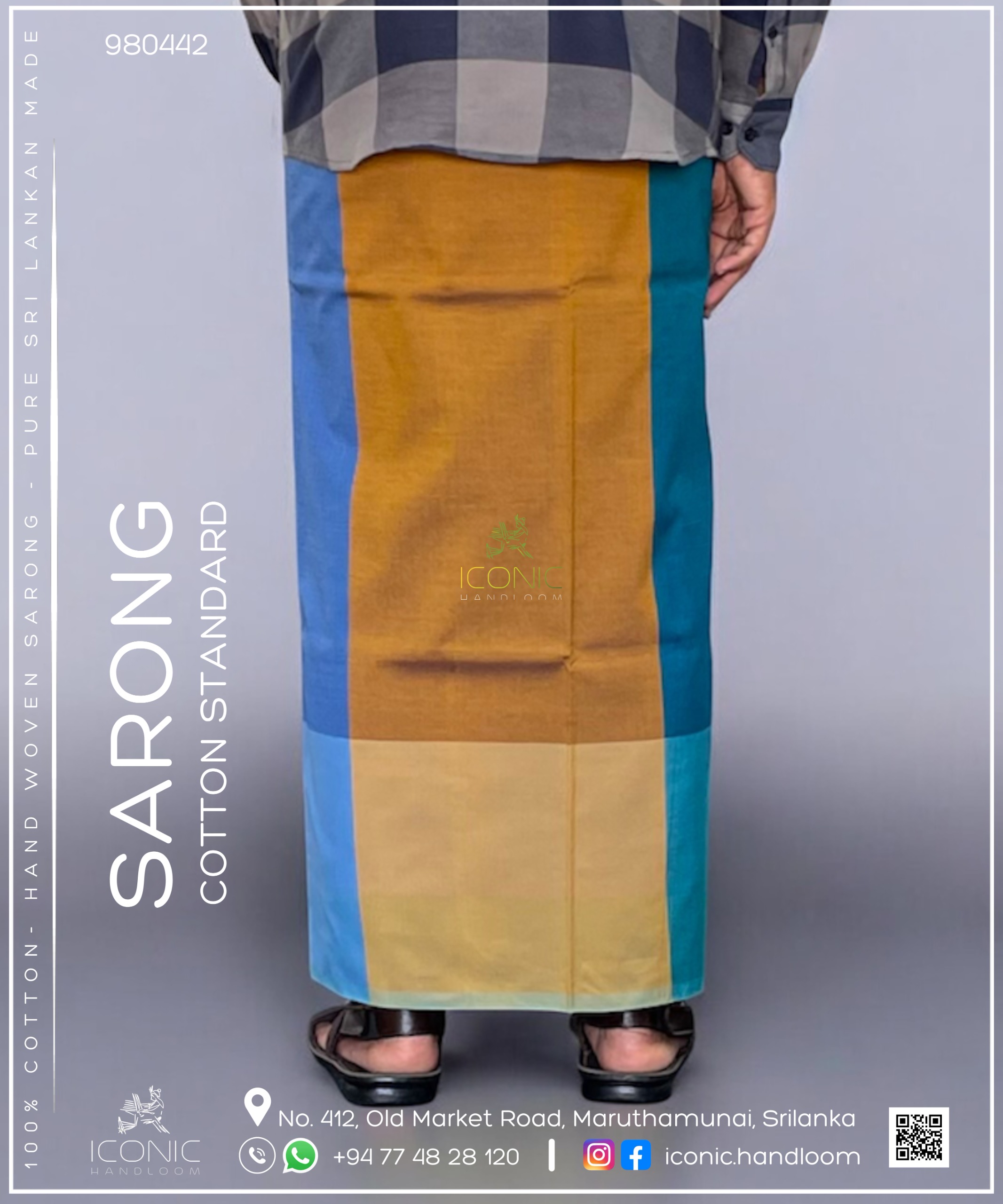Handloom Cotton Sarong - Blue Gradient Plaid with Mustard Border and Sky Blue Accent