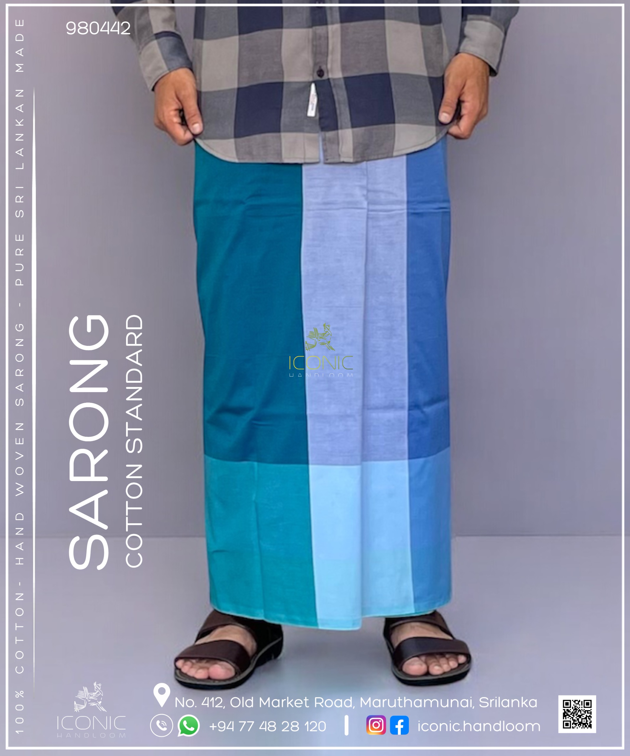 Handloom Cotton Sarong - Blue Gradient Plaid with Mustard Border and Sky Blue Accent