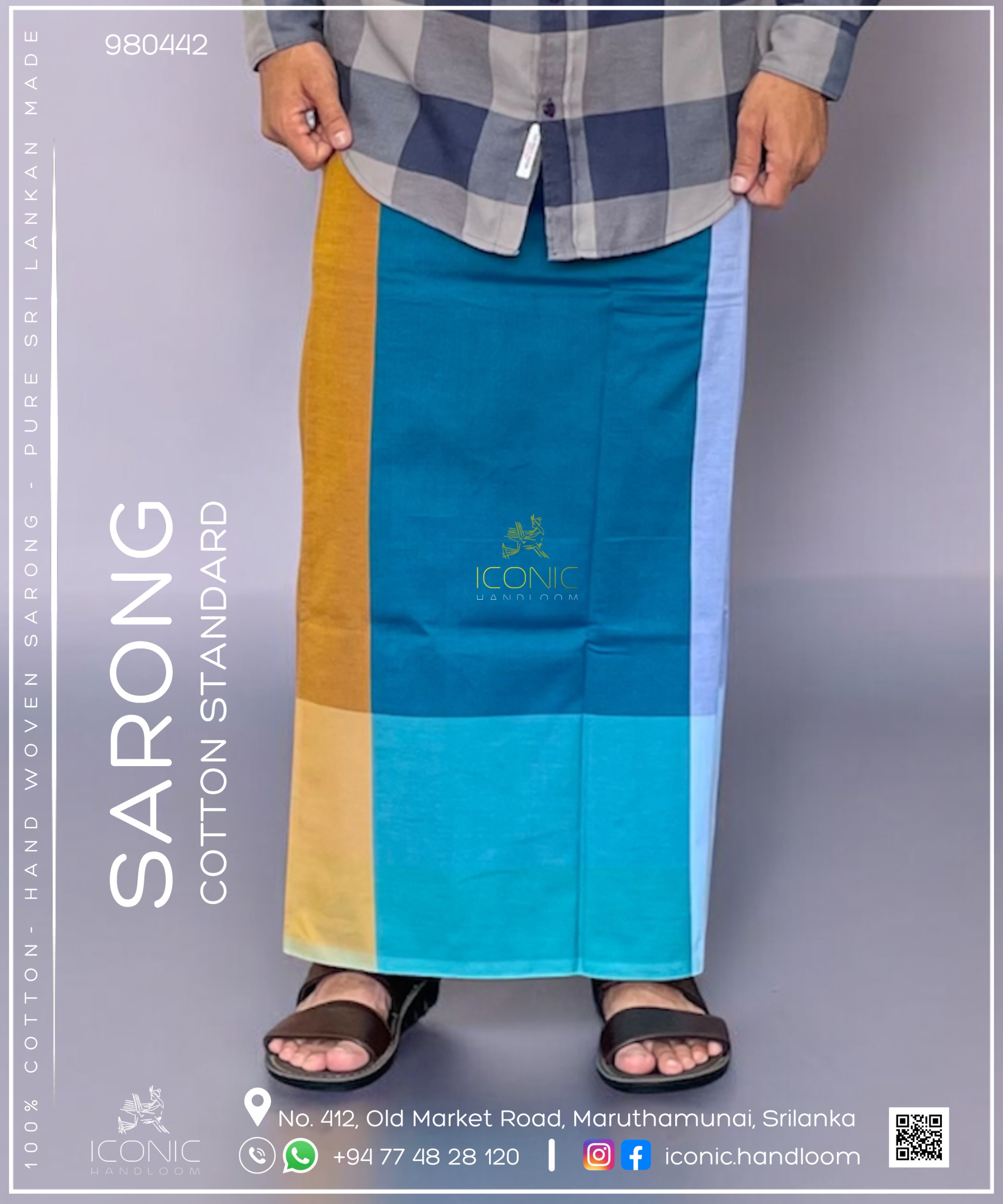 Handloom Cotton Sarong - Blue Gradient Plaid with Mustard Border and Sky Blue Accent