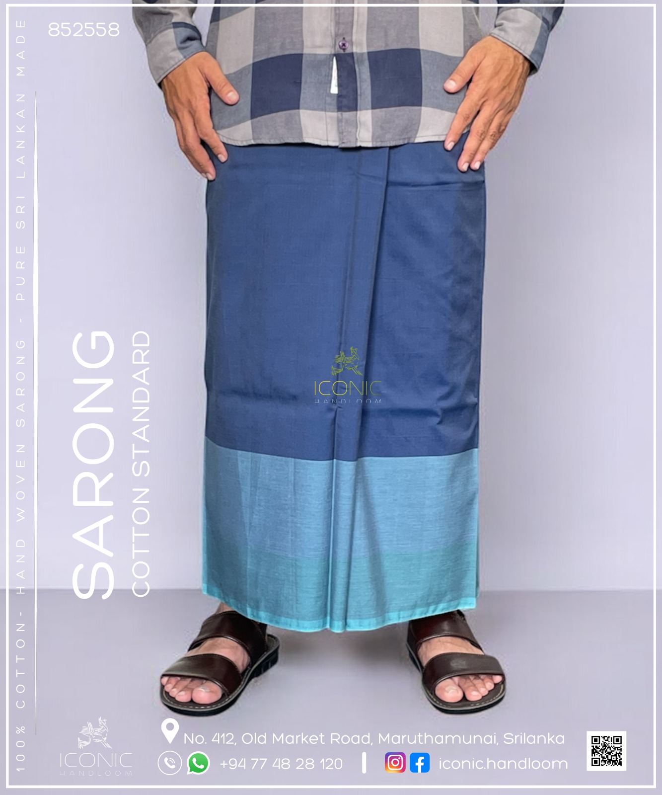 Handloom Cotton Sarong - Bright Slate Blue with Teal Blue Border