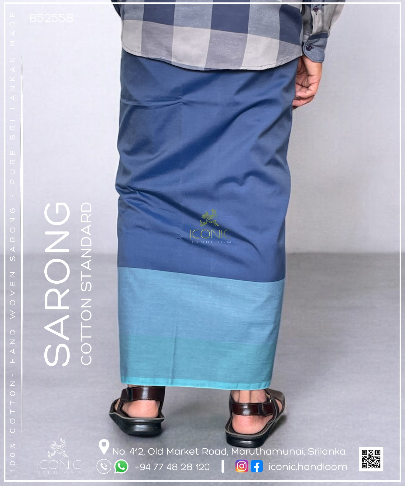 Handloom Cotton Sarong - Bright Slate Blue with Teal Blue Border