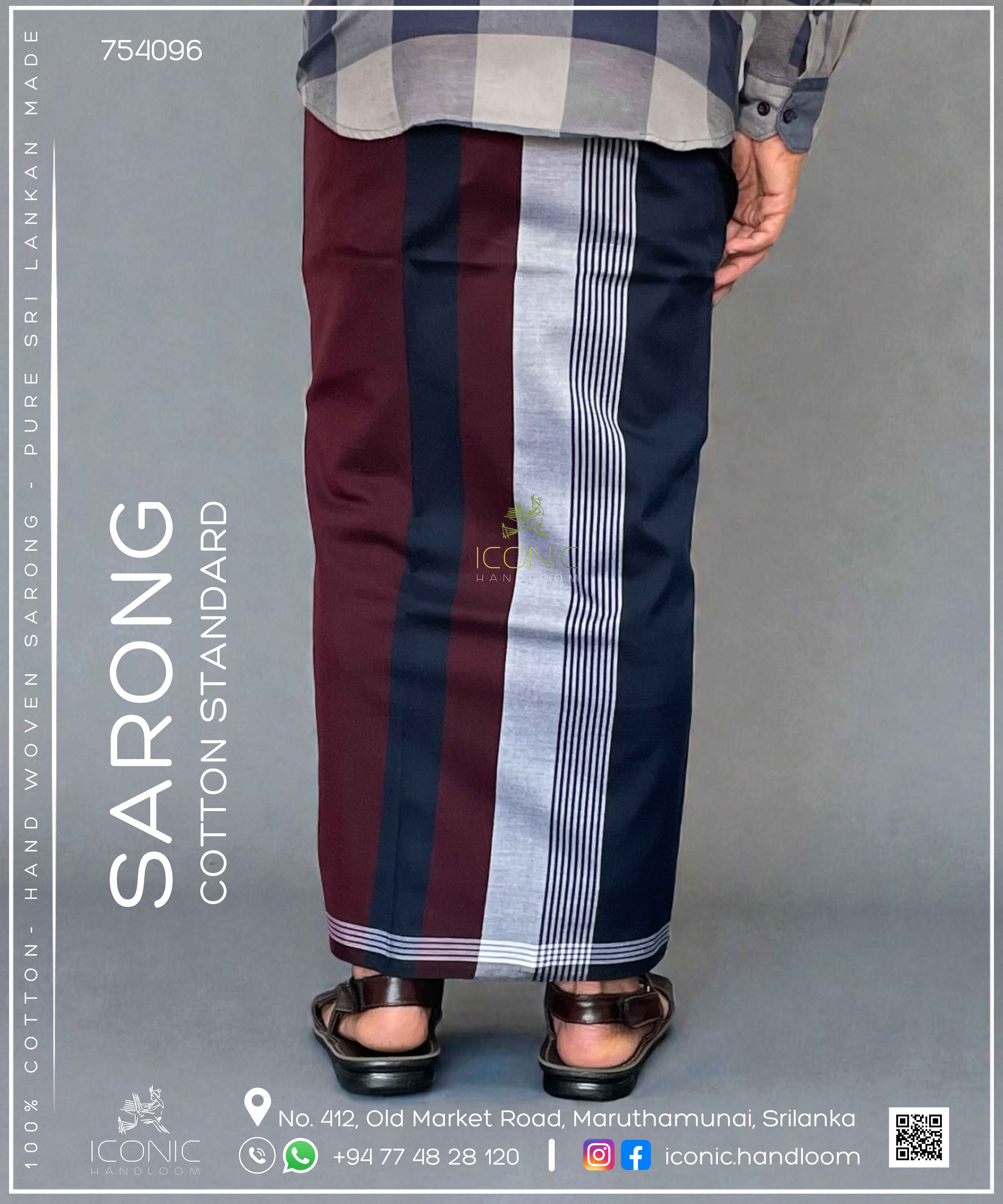 Handloom Cotton Sarong - Dark Blue and Deep Maroon with Silver - ICS - 754096