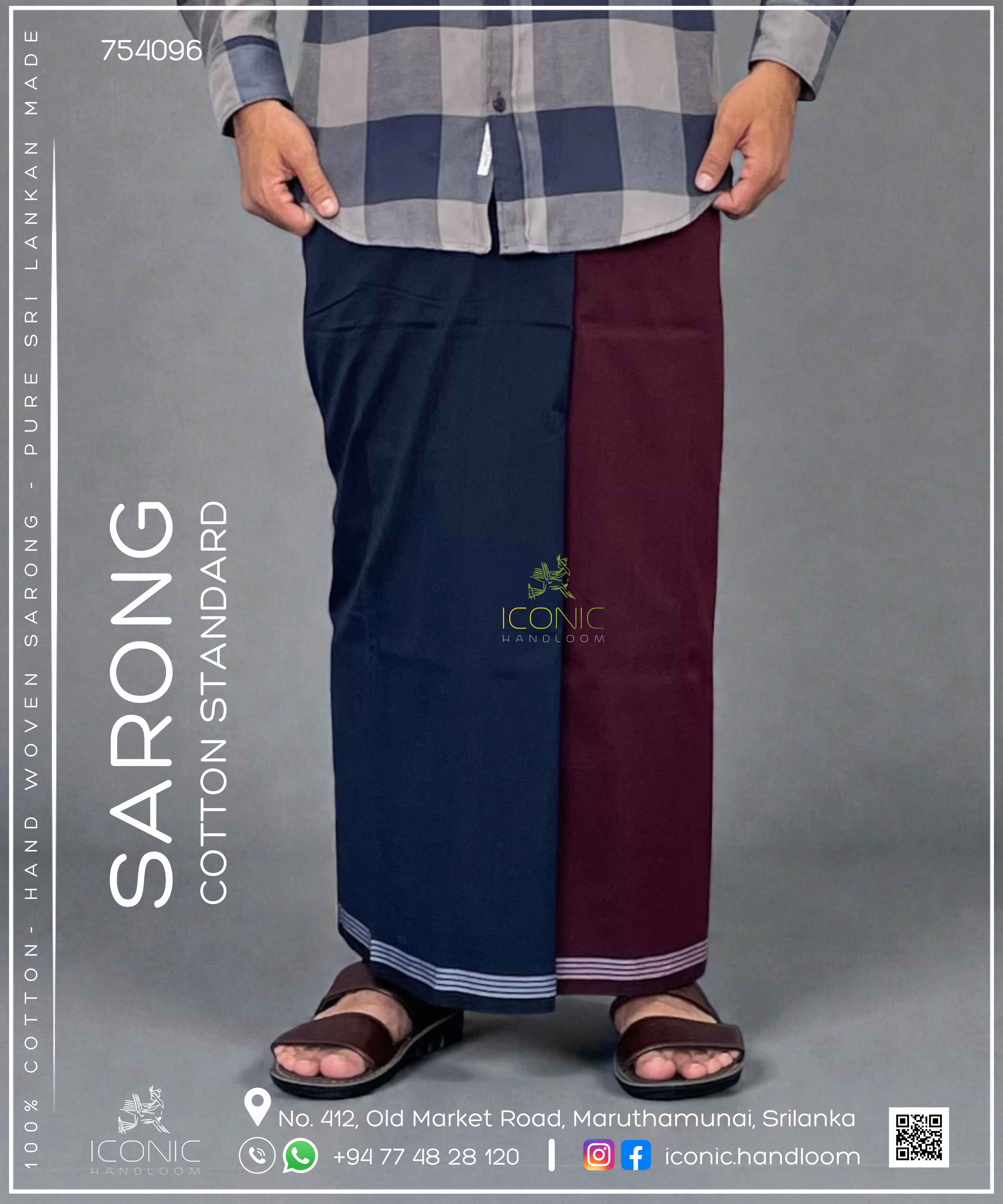 Handloom Cotton Sarong - Dark Blue and Deep Maroon with Silver - ICS - 754096