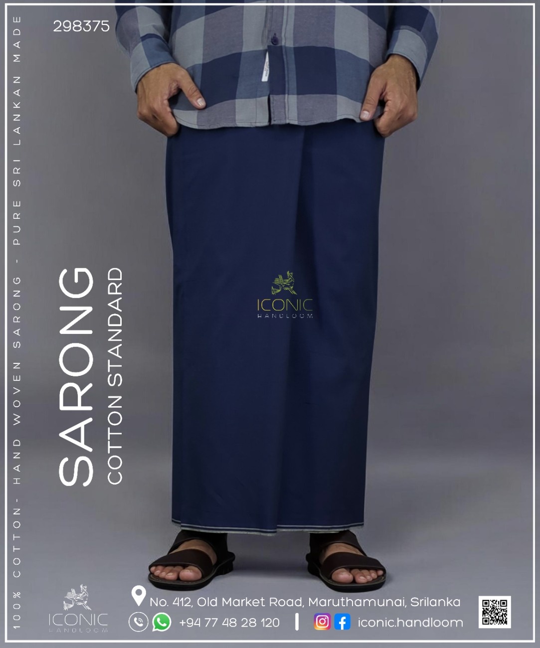 Handloom Cotton Sarong - Deep Navy Blue with Cream Bottom Border 298375