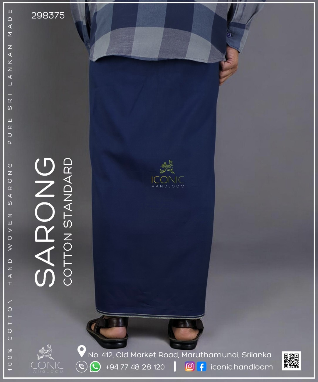 Handloom Cotton Sarong - Deep Navy Blue with Cream Bottom Border 298375