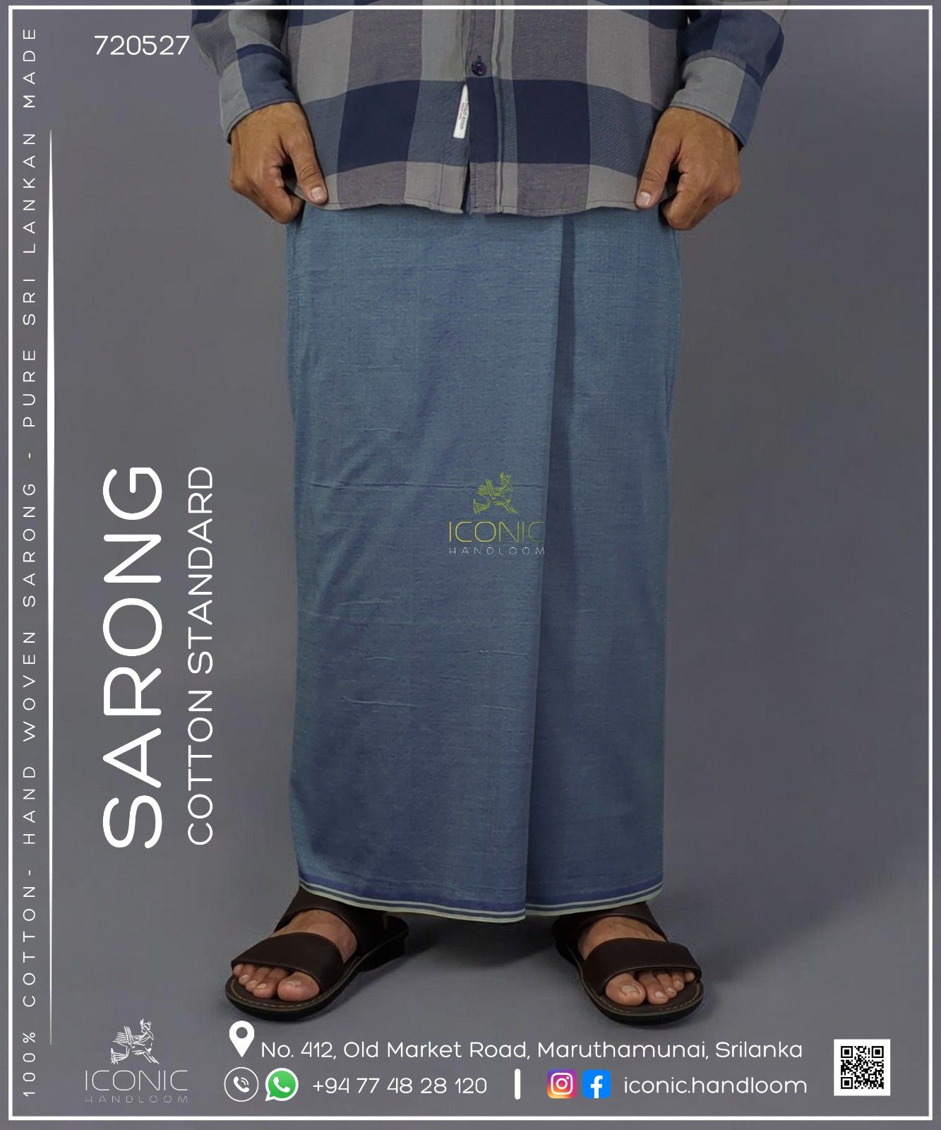 Handloom Cotton Sarong - Steel Blue with Cream bottom border- ICS 720527