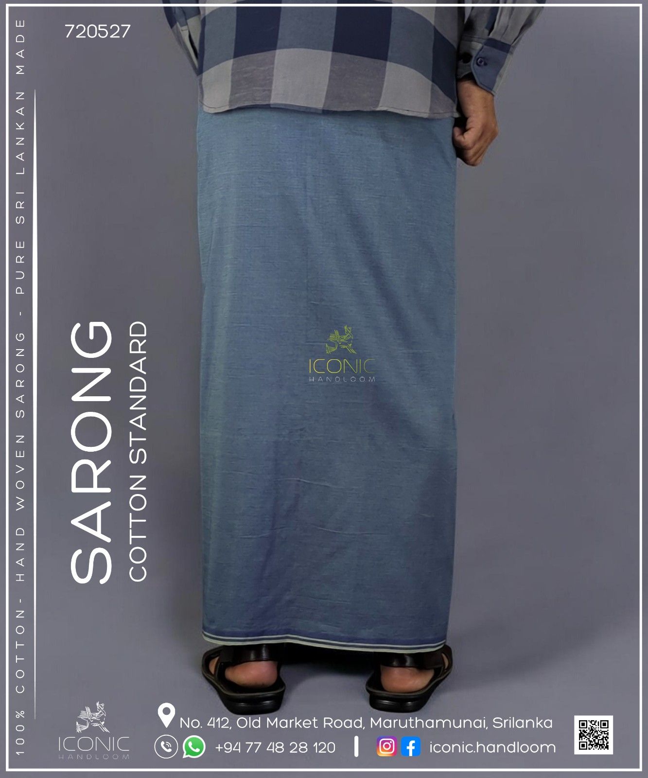 Handloom Cotton Sarong - Steel Blue with Cream bottom border- ICS 720527