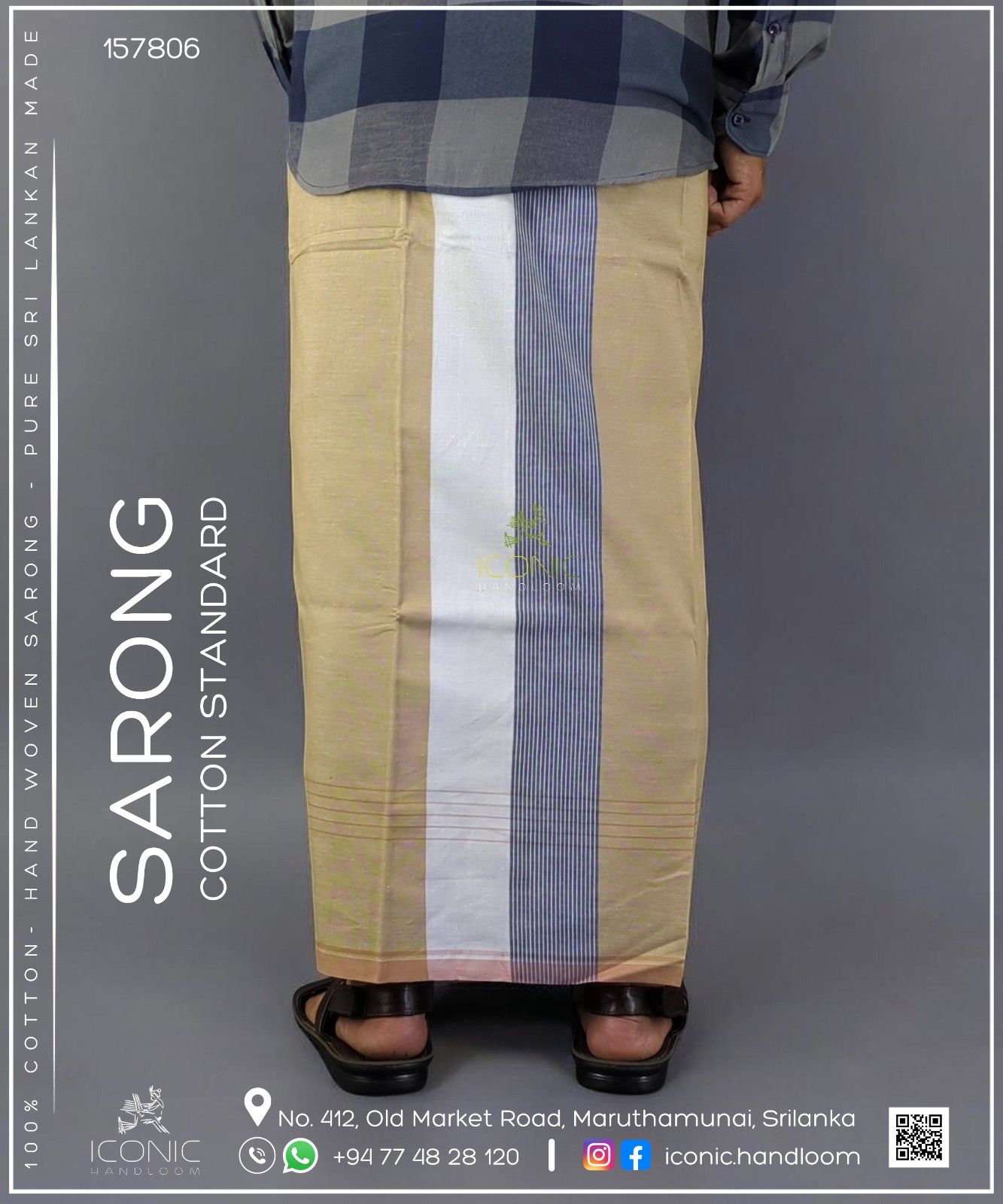 Handloom Cotton Sarong- Beige, Grey & White with Light Peach 157806