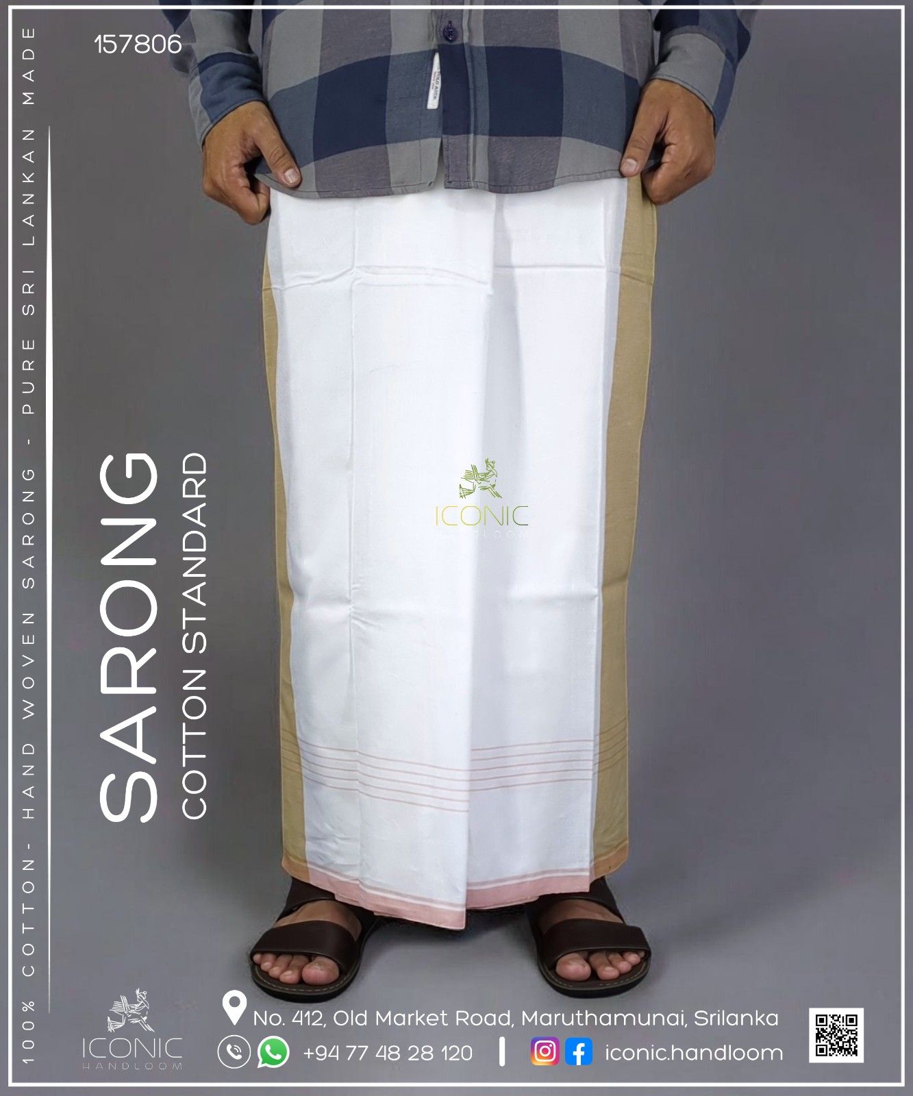 Handloom Cotton Sarong- Beige, Grey & White with Light Peach 157806
