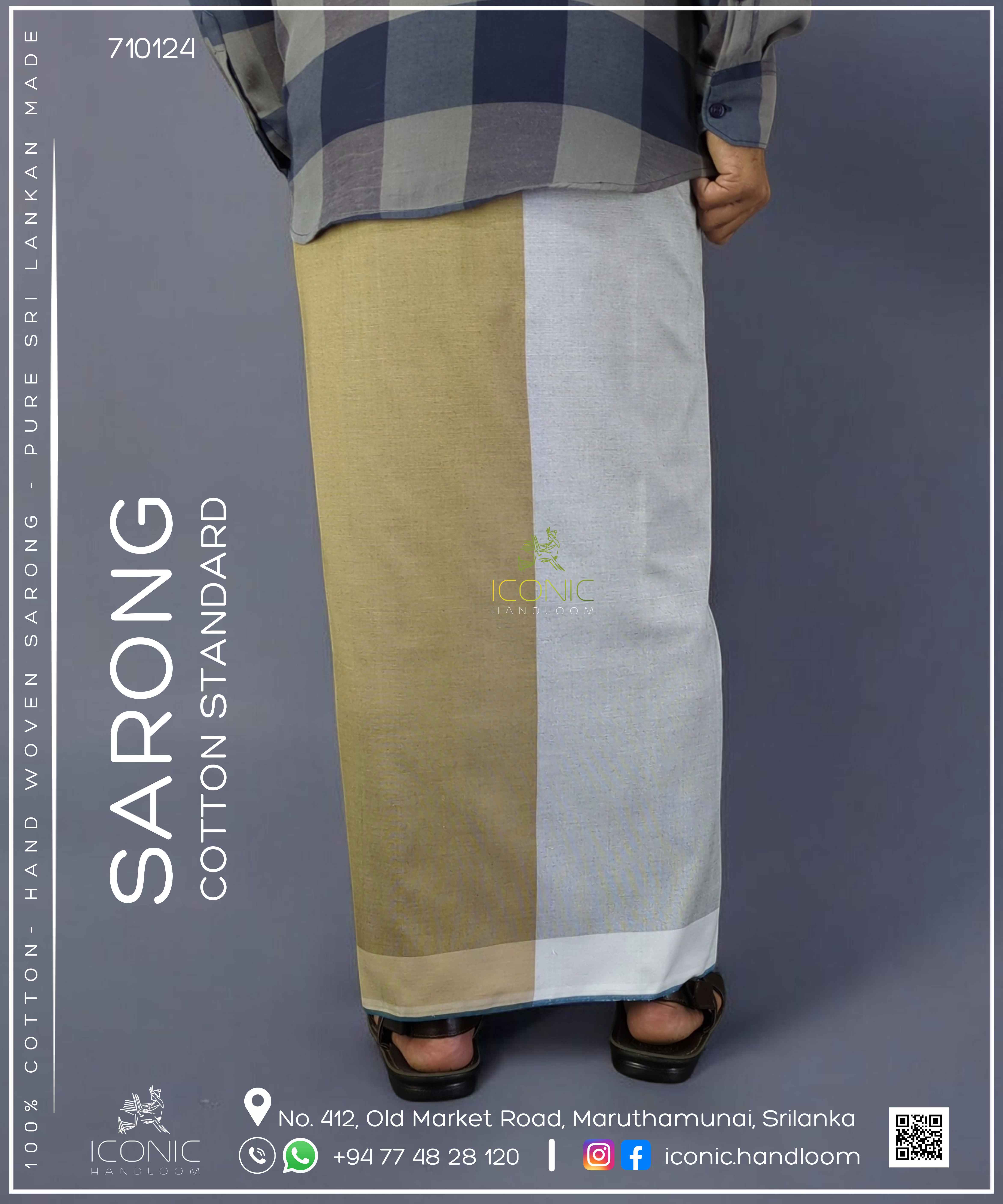 Handloom Cotton Sarong - Two Tone - Sand Beige, Light Grey & White with Teal Bottom Border 710124