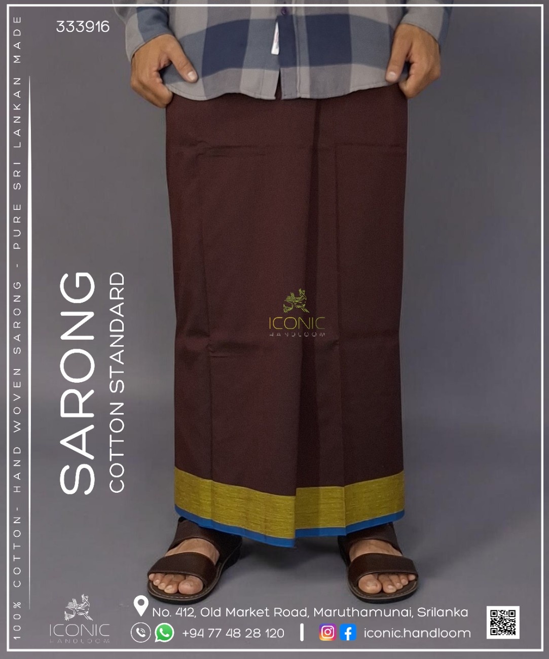 Handloom Cotton Sarong - Burgundy, Dark Blue & Silver with Lime Yellow & Teal Blue 333916