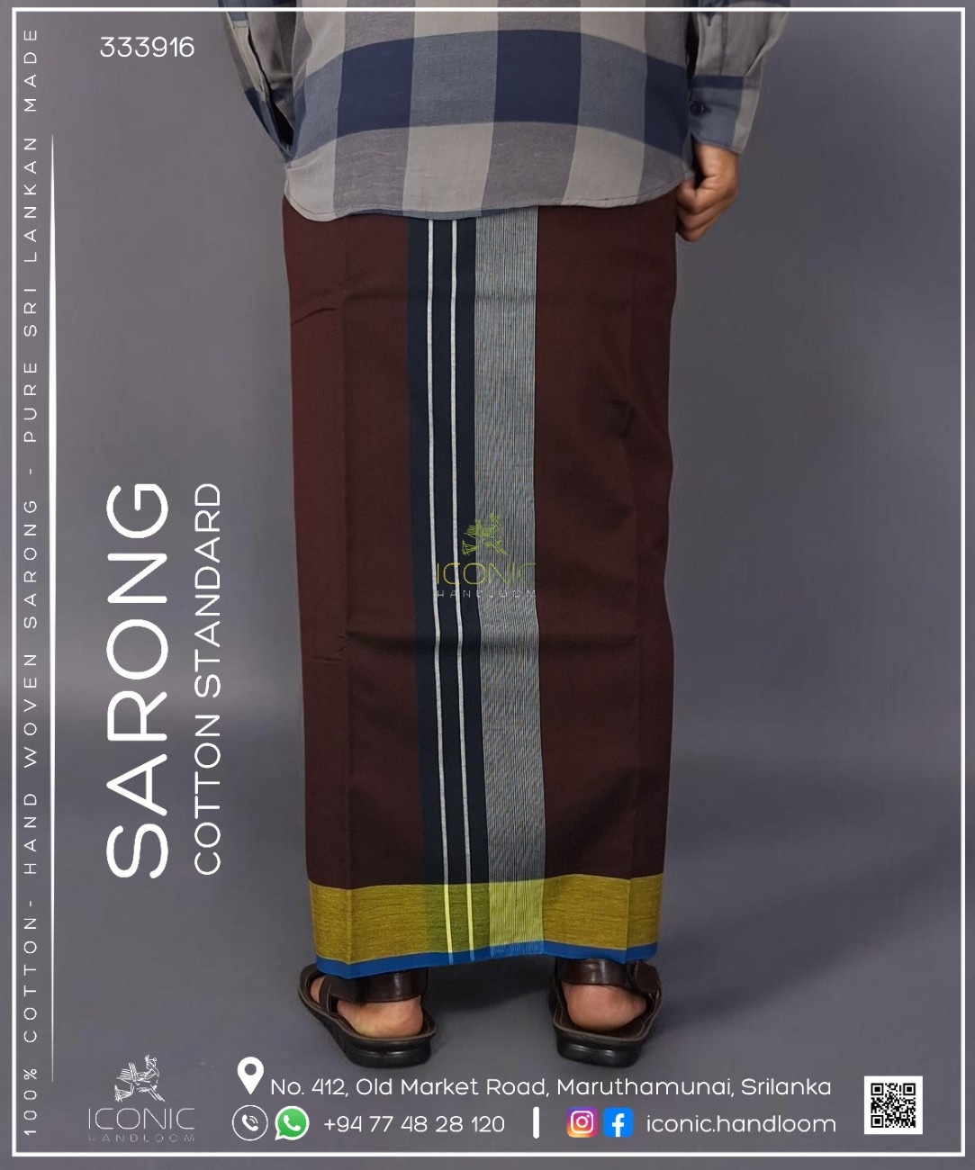 Handloom Cotton Sarong - Burgundy, Dark Blue & Silver with Lime Yellow & Teal Blue 333916