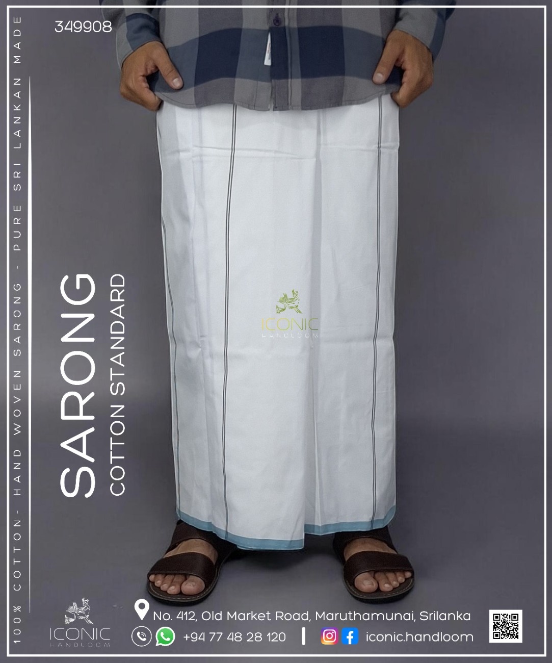 Handloom Cotton Sarong - Light Brown stripes in White with Cyan bottom border