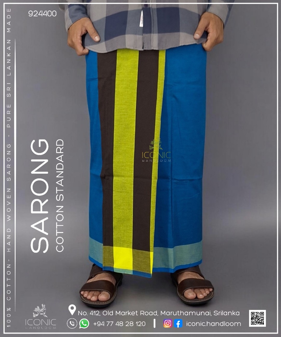 Handloom Cotton Sarong - Peacock Blue and Lime Yellow with Black Stripes and Mint Border