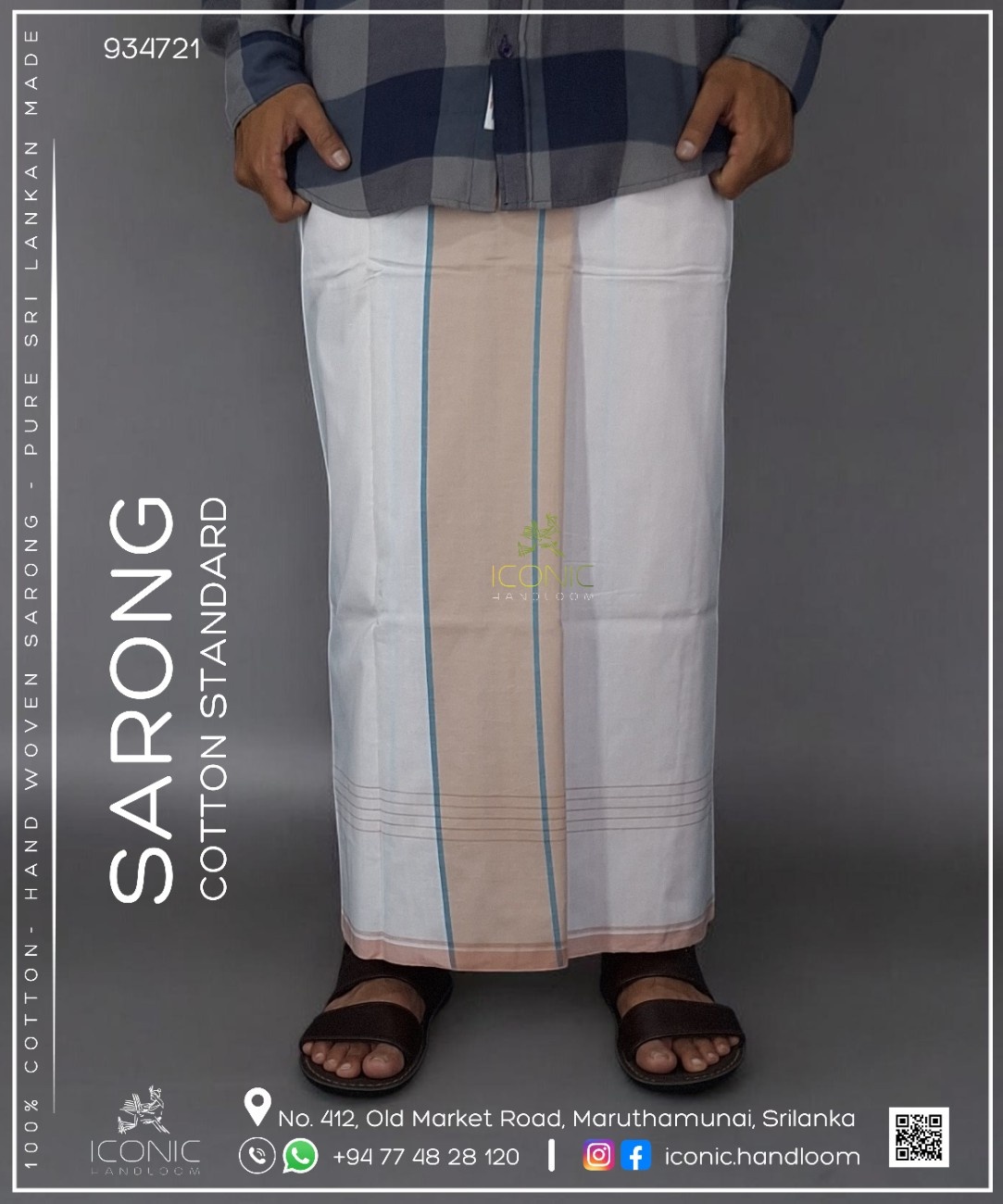 Handloom Cotton Sarong - White with Light Peach & Aqua Blue