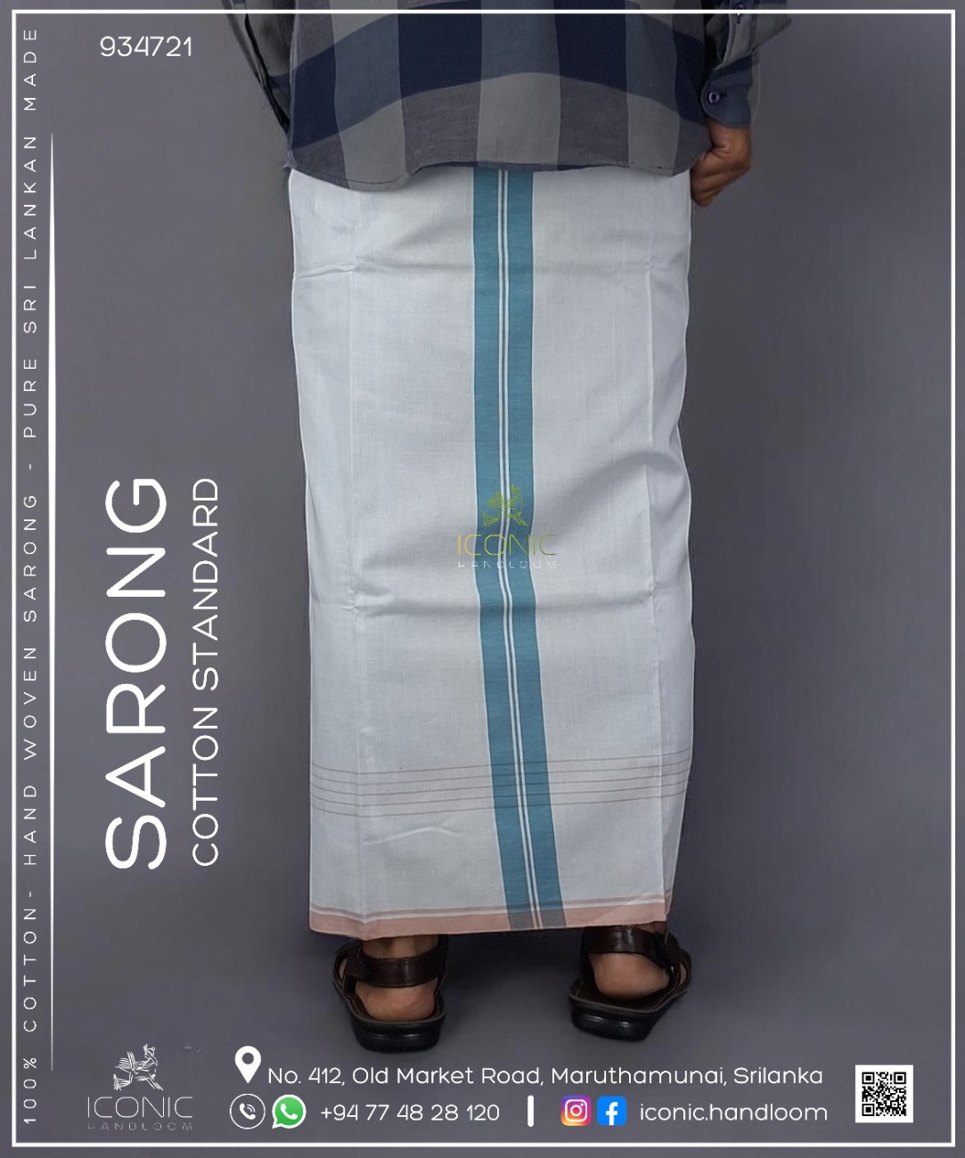 Handloom Cotton Sarong - White with Light Peach & Aqua Blue