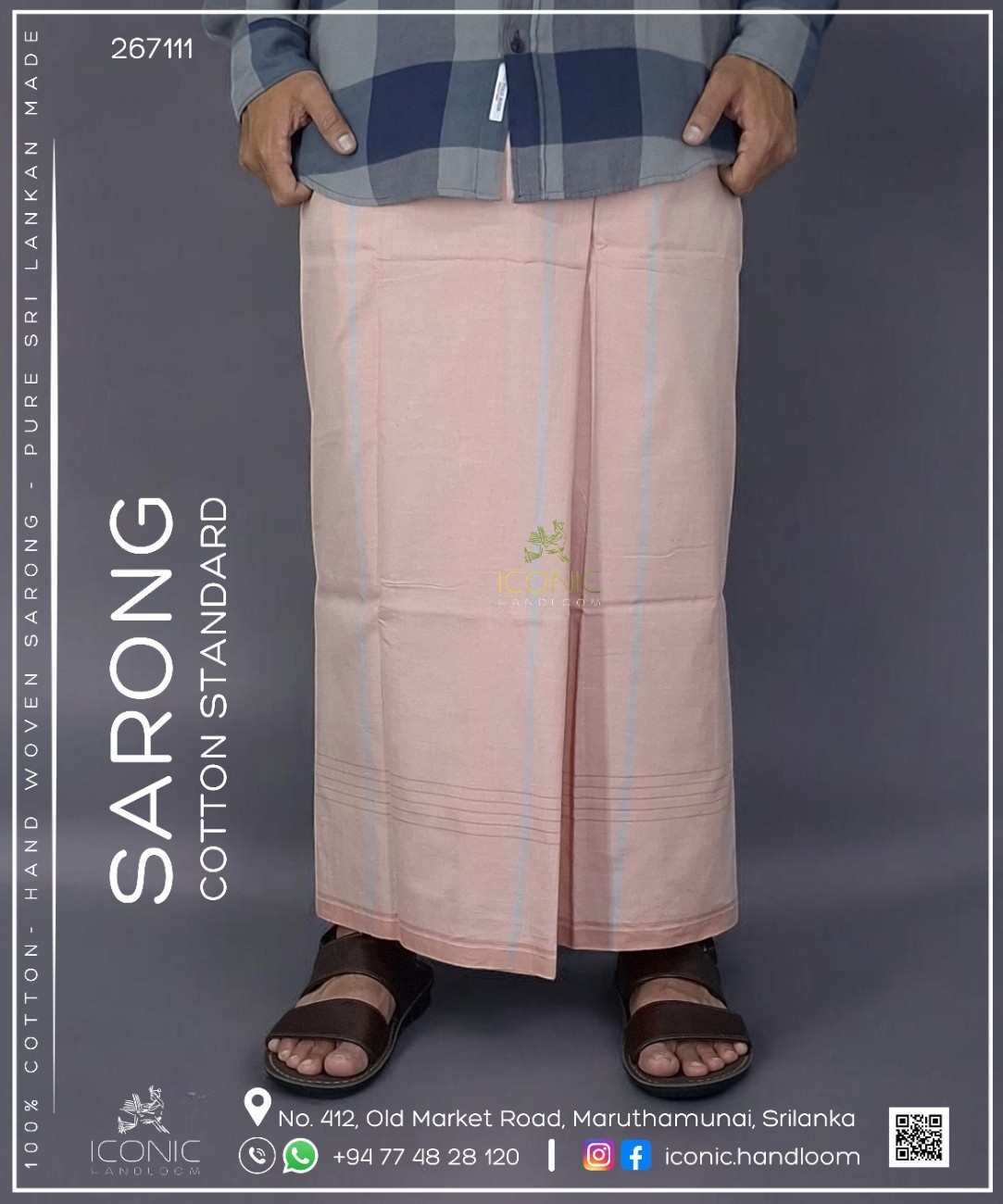 Handloom Cotton Sarong - Light Peach with White & Grey