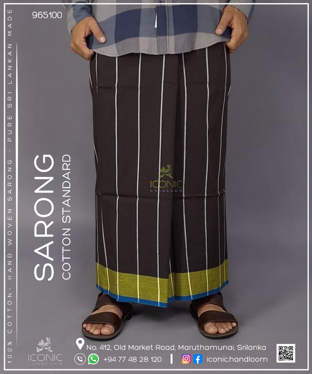 Handloom Cotton Sarong - Silver Dark Brown with Lime Yellow & Teal Blue