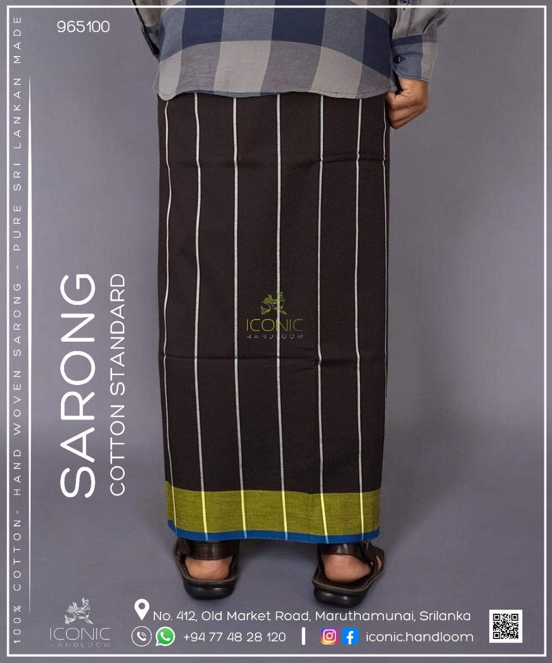 Handloom Cotton Sarong - Silver Dark Brown with Lime Yellow & Teal Blue