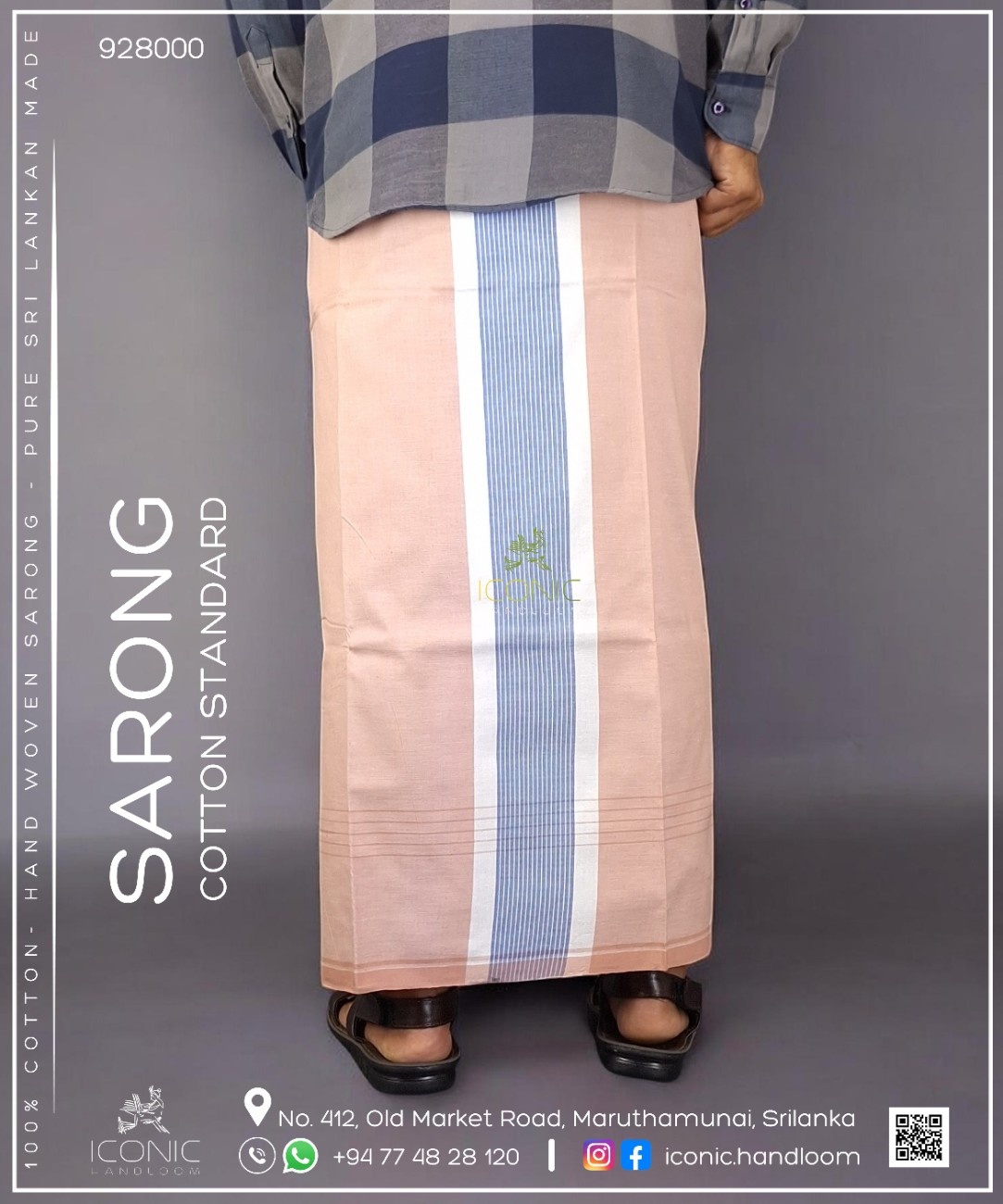 Handloom Cotton Sarong - Light Peach with White & Sky Blue