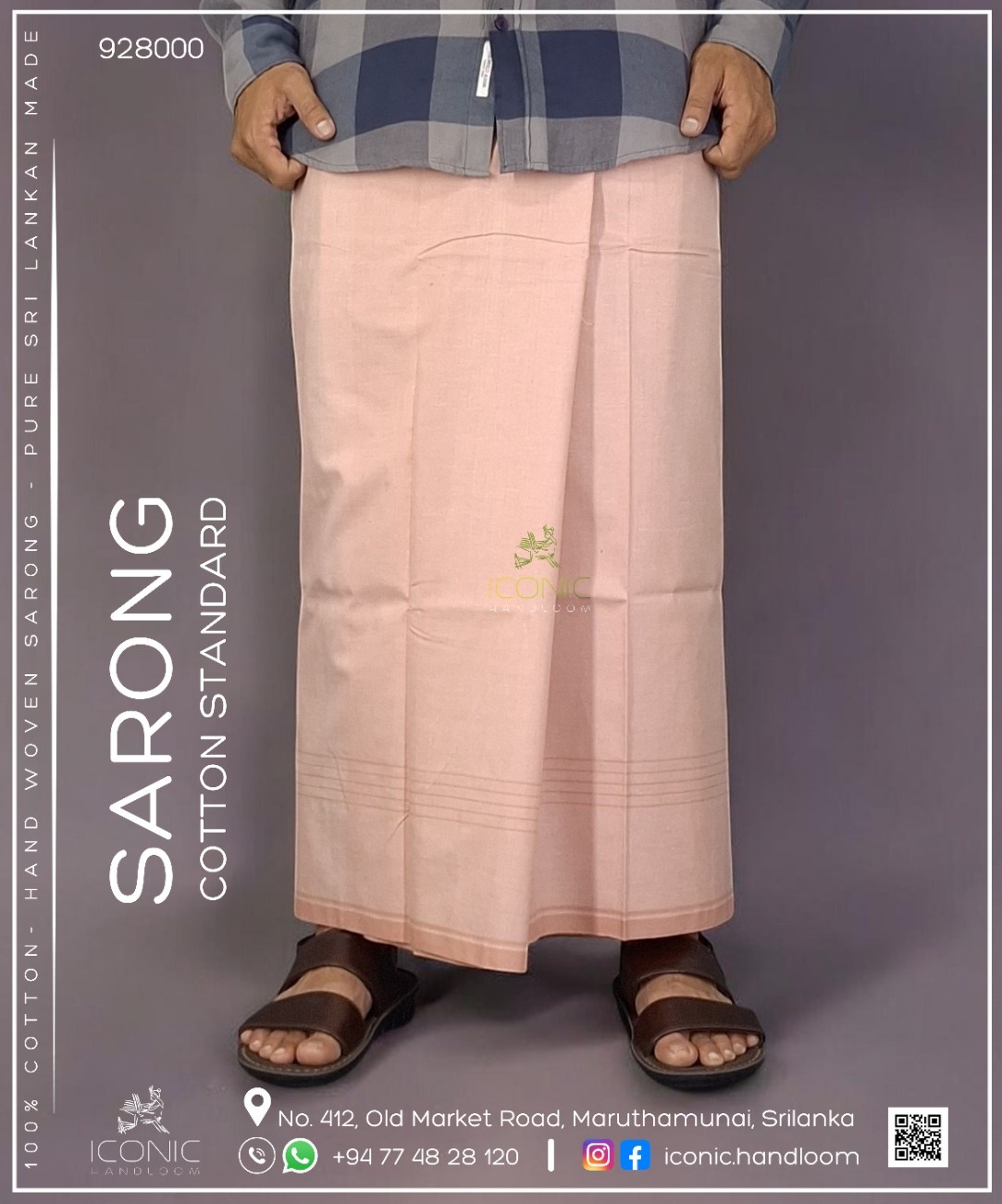 Handloom Cotton Sarong - Light Peach with White & Sky Blue