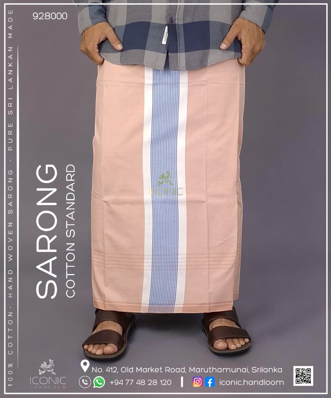 Handloom Cotton Sarong - Light Peach with White & Sky Blue