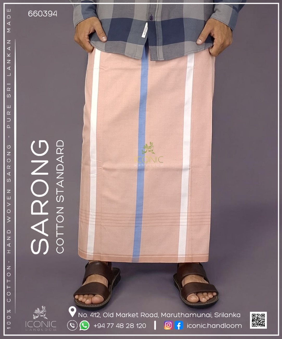 Handloom Cotton Sarong - Light Peach with Sky Blue & White