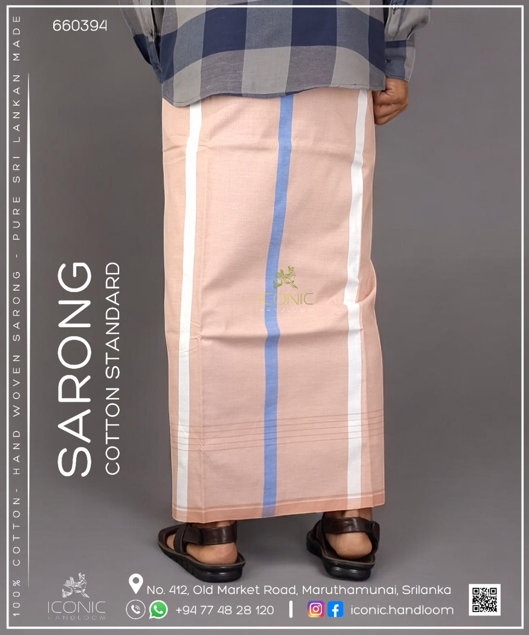 Handloom Cotton Sarong - Light Peach with Sky Blue & White