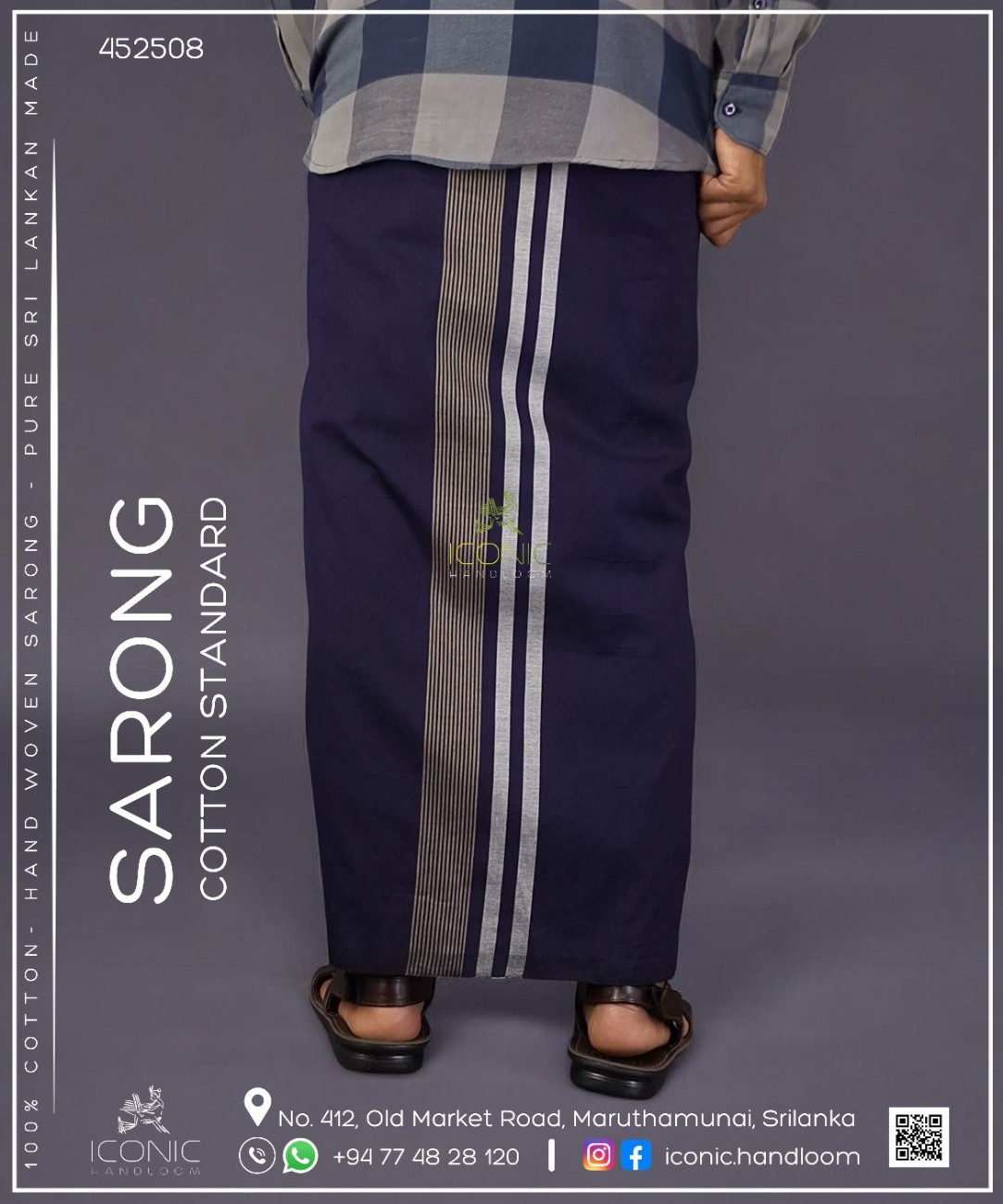 Sarong Cotton Standard - Silver & Light Beige stripes in Dark Blue 452508