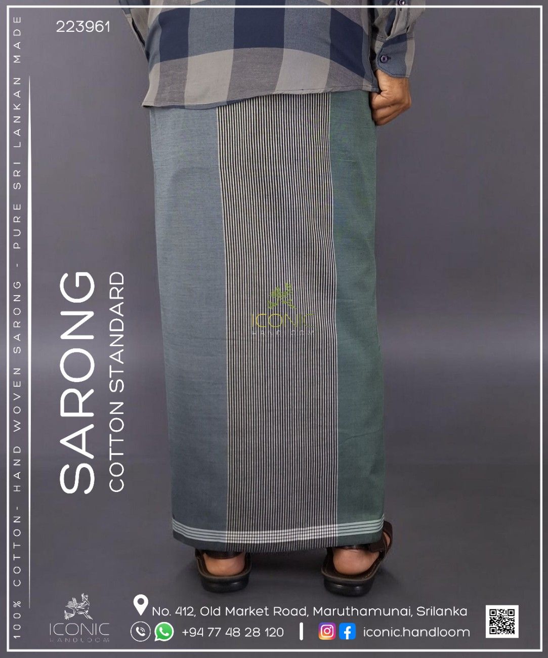 Handloom Cotton Sarong - Silver and Black Stripes in Light Green and Grey with Silver Bottom Border - ICS 223961