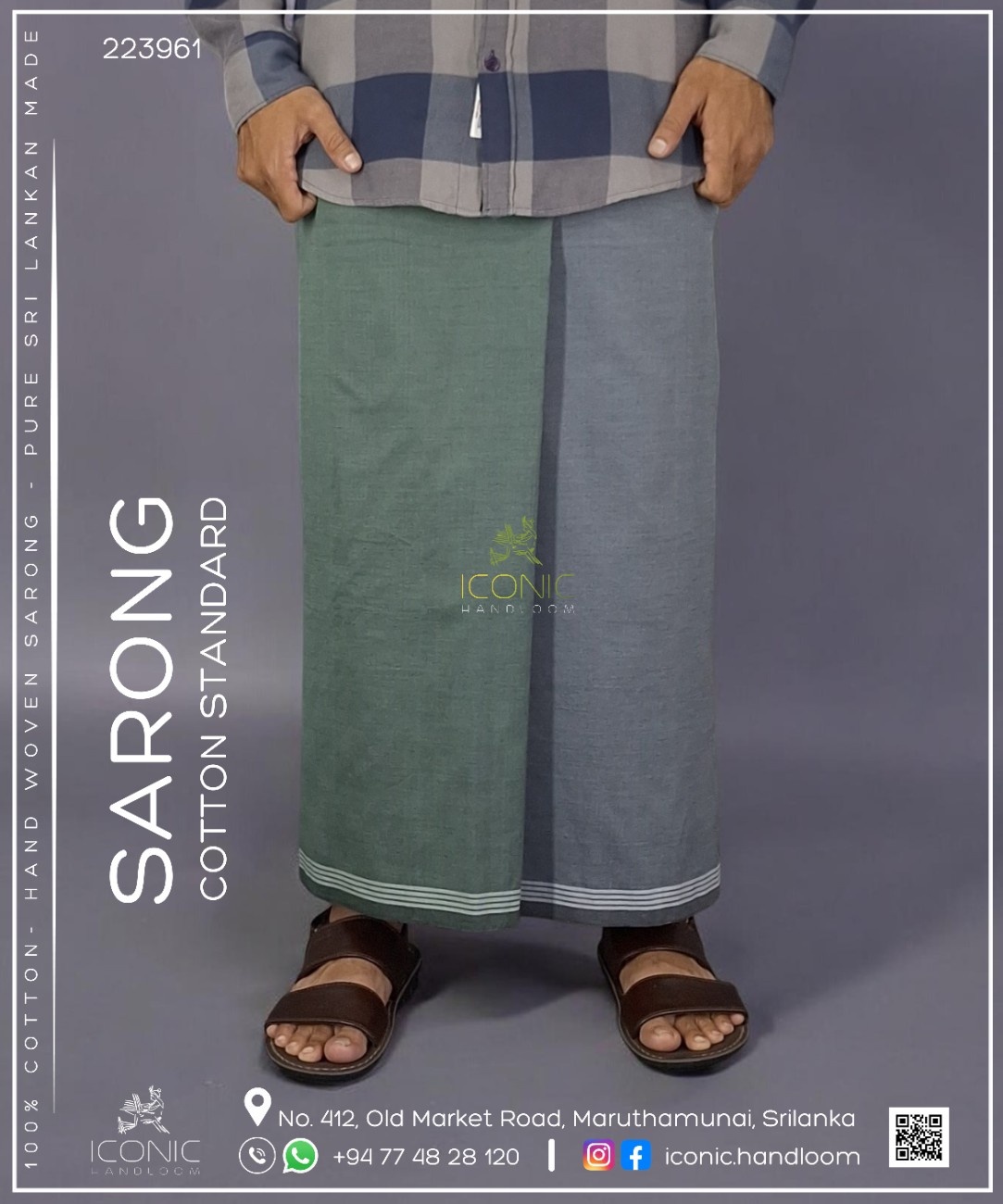 Handloom Cotton Sarong - Silver and Black Stripes in Light Green and Grey with Silver Bottom Border - ICS 223961